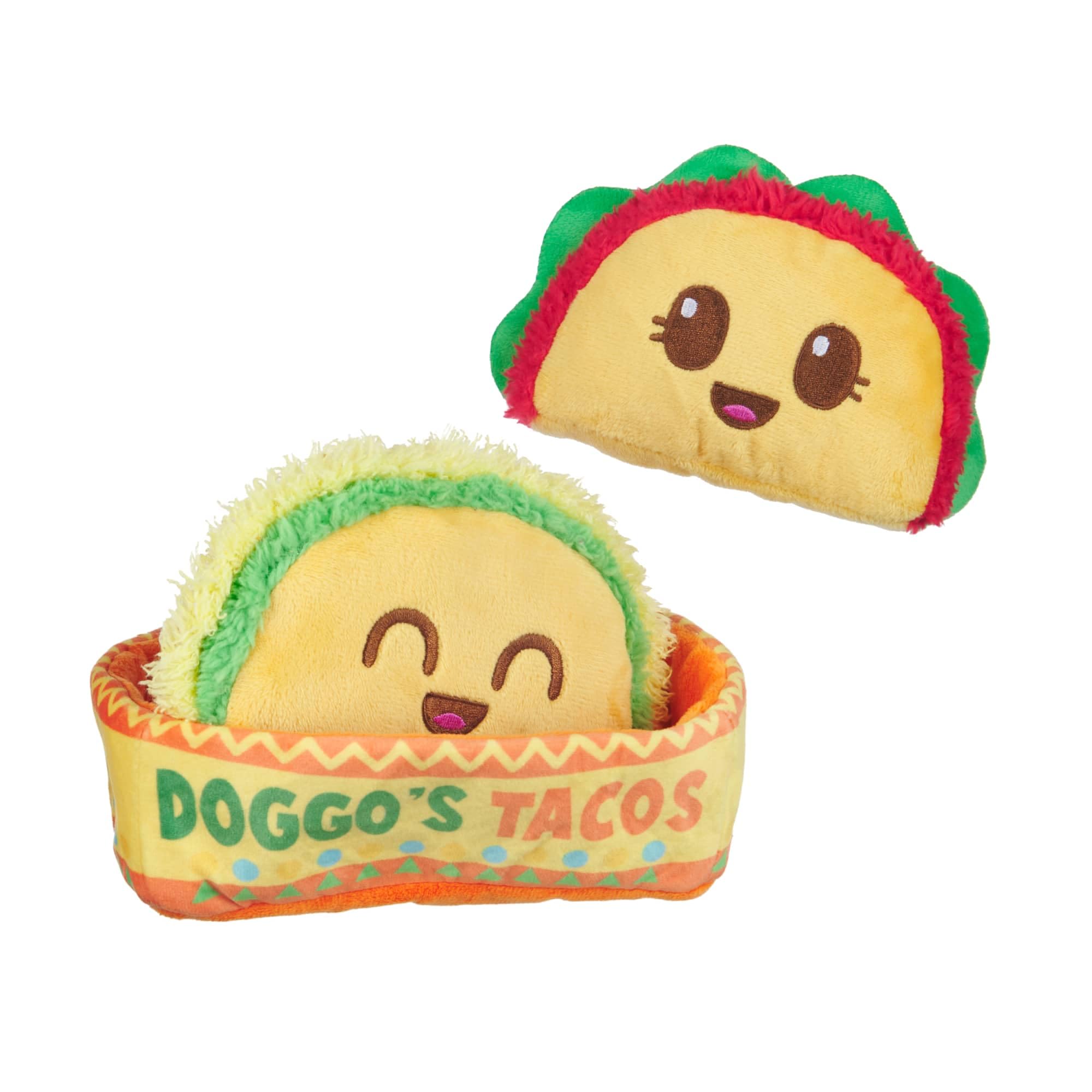 BarkBox packshot avant du coffret Doggo's Tacos montrant les trois tacos et le porte-tacos, stimule le jeu