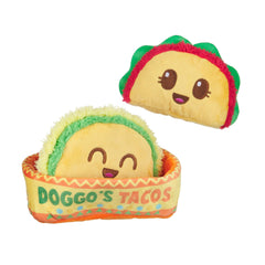 BarkBox packshot avant du coffret Doggo's Tacos montrant les trois tacos et le porte-tacos, stimule le jeu