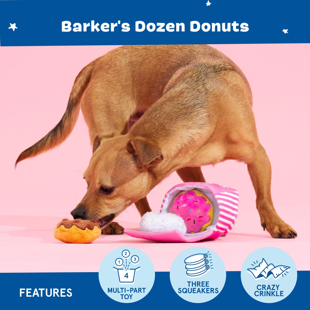 BarkBox ensemble complet sur table, offre quatre jouets variés