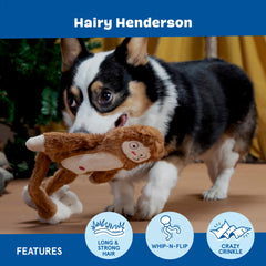 Zoom sur le squeaker intérieur de BarkBox Hairy Henderson, déclenche excitation de jeu