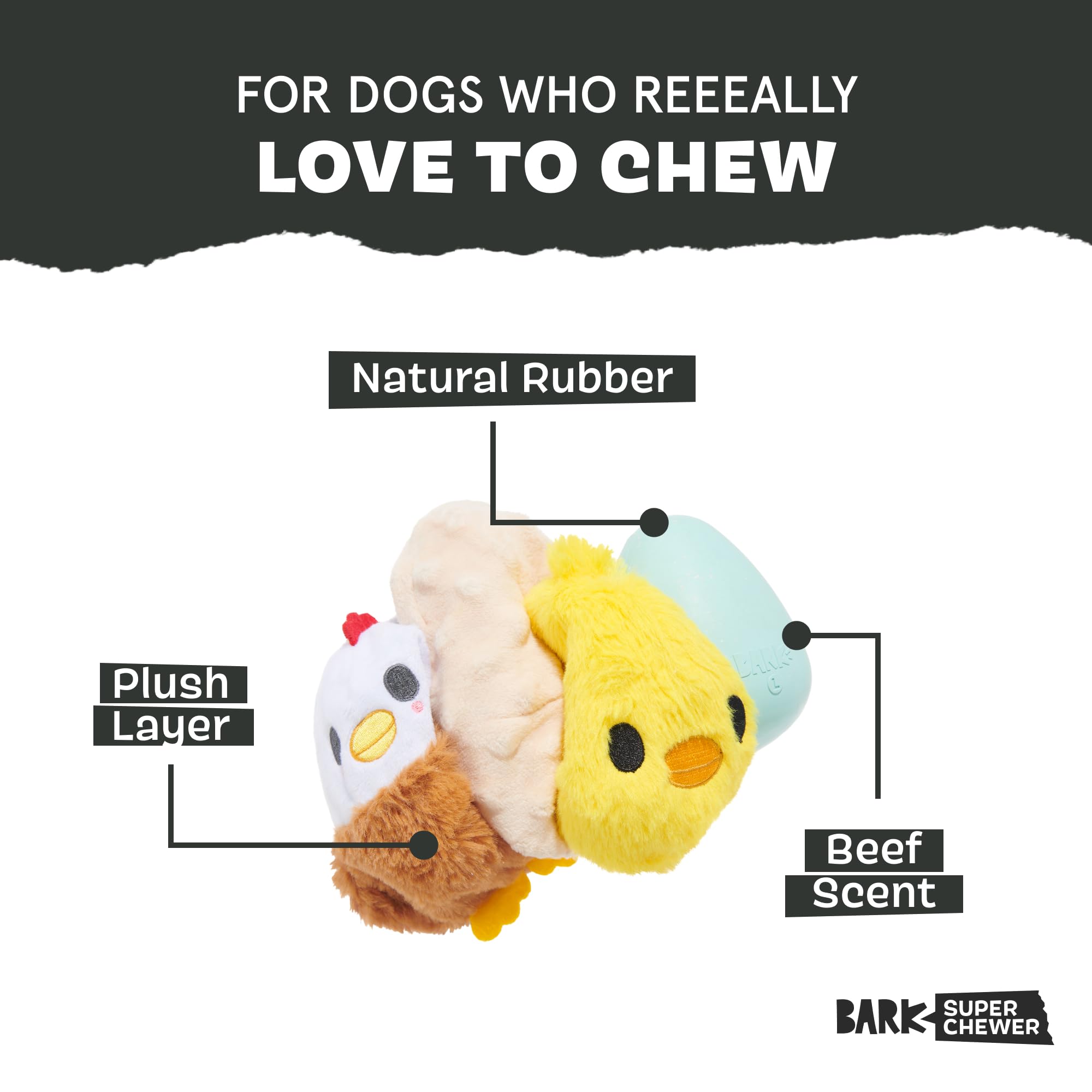 BarkBox gros plan sur texture du poulet, tissu à déchirer stimulant le jeu