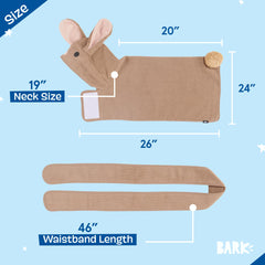 BarkBox chien portant le peignoir en position, maintien sécurisé