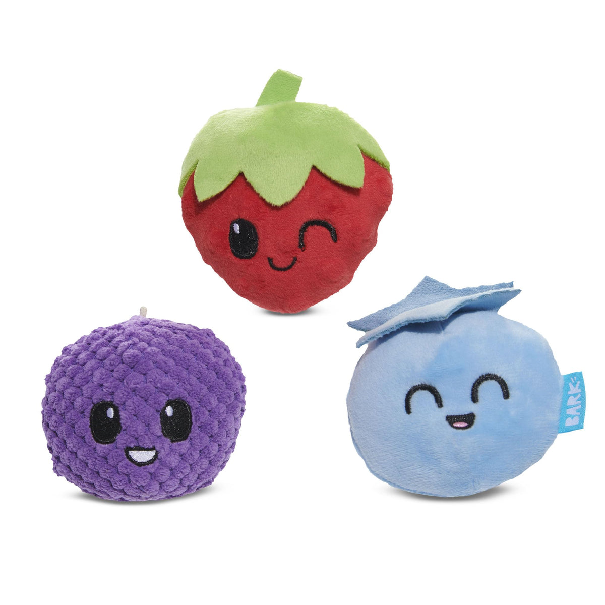 BarkBox vue avant du trio de baies en peluche, amusement immédiat
