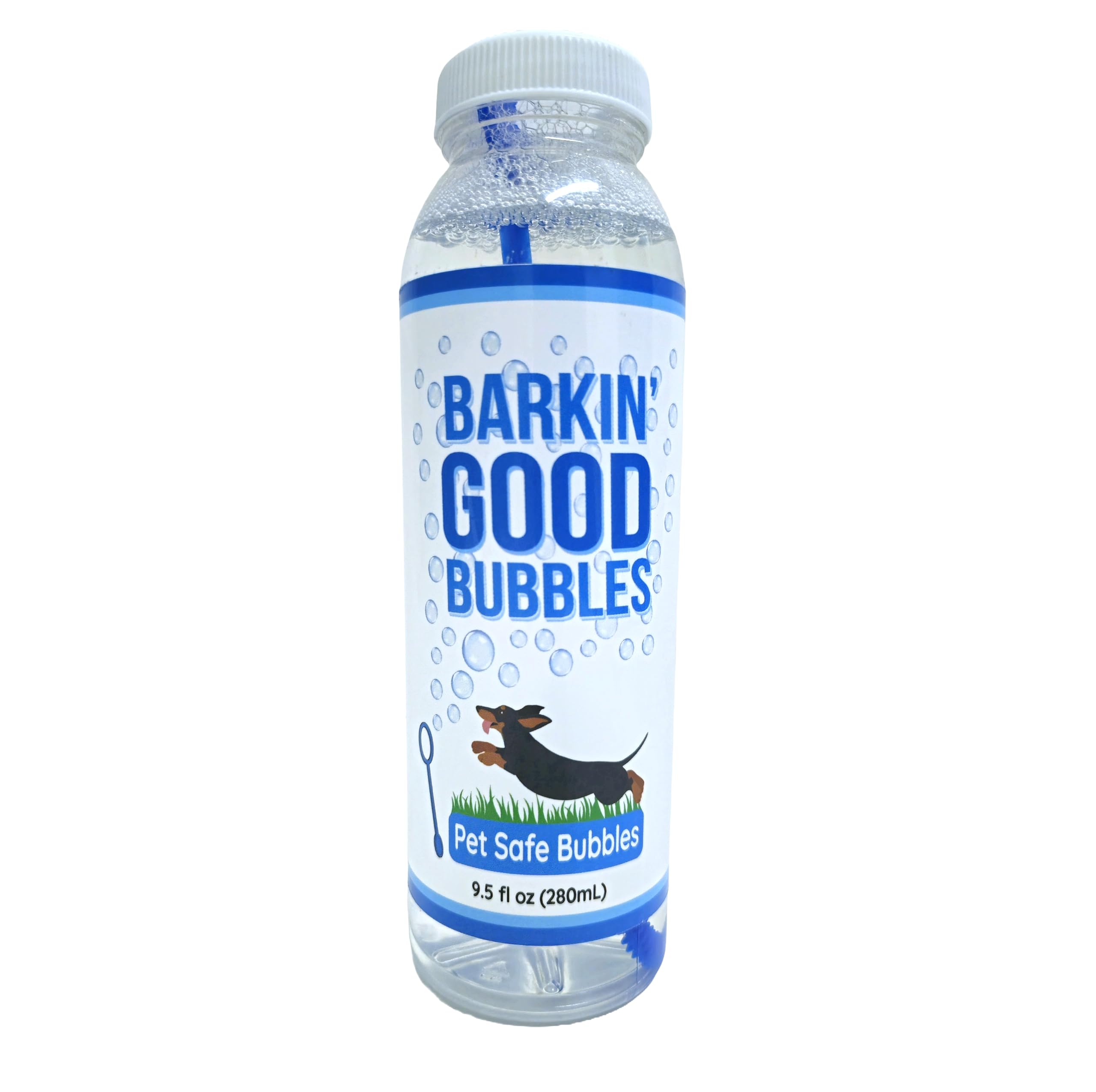 Barkin’ Good Bubbles emballage avant montrant flacon bleu et étiquette claire