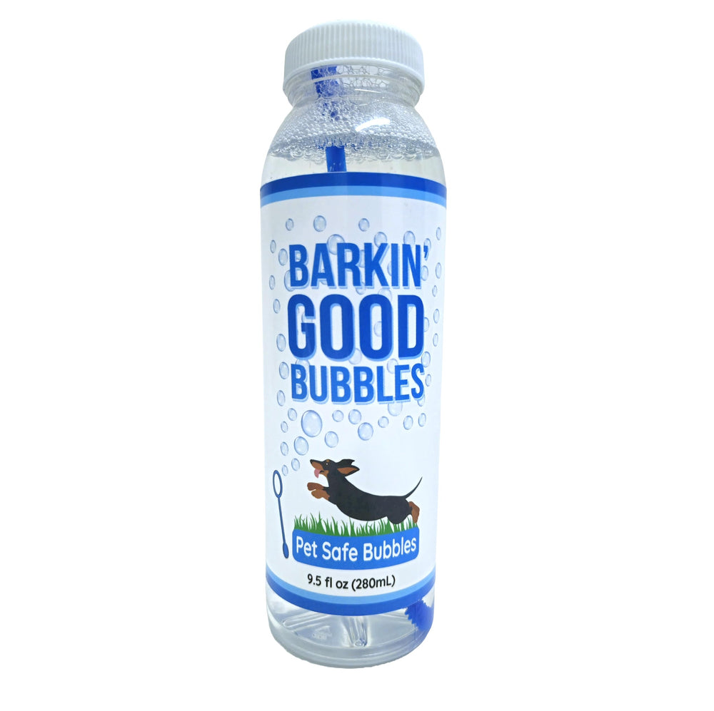 Barkin’ Good Bubbles emballage avant montrant flacon bleu et étiquette claire