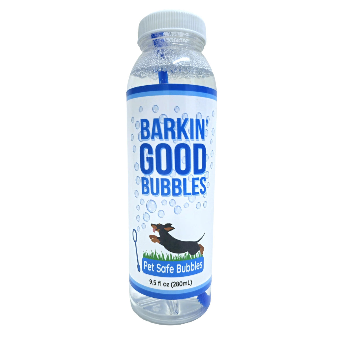 Barkin’ Good Bubbles emballage avant montrant flacon bleu et étiquette claire