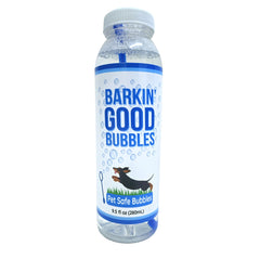 Barkin’ Good Bubbles emballage avant montrant flacon bleu et étiquette claire
