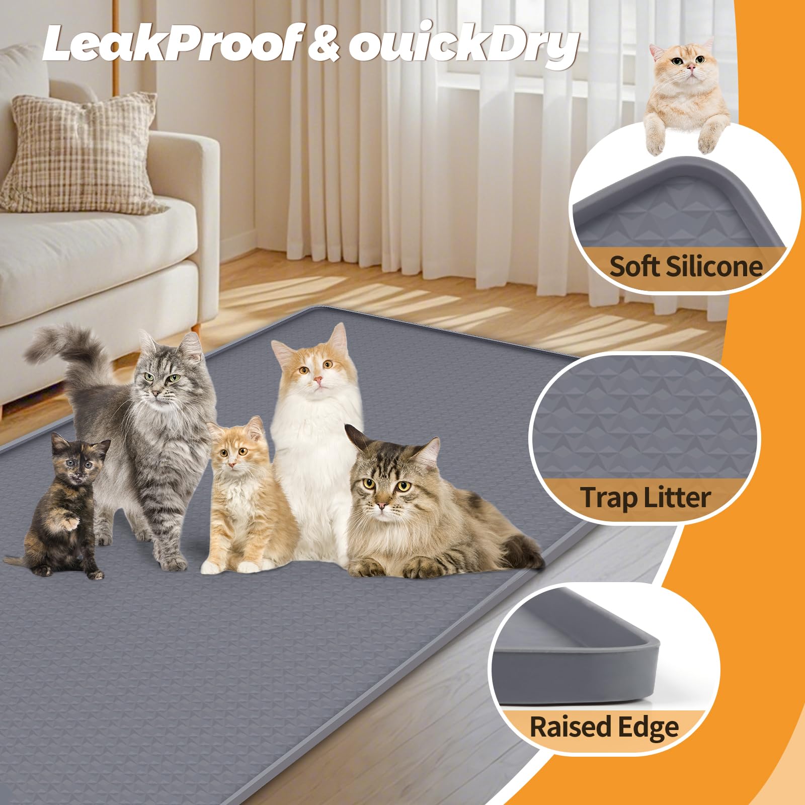 Bartuke chat sortant du bac sur le tapis réduisant dispersion de grains