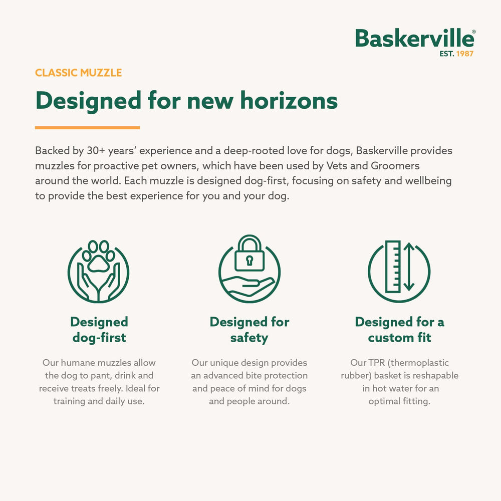 Baskerville emballage et contenu montrant la muselière et accessoires