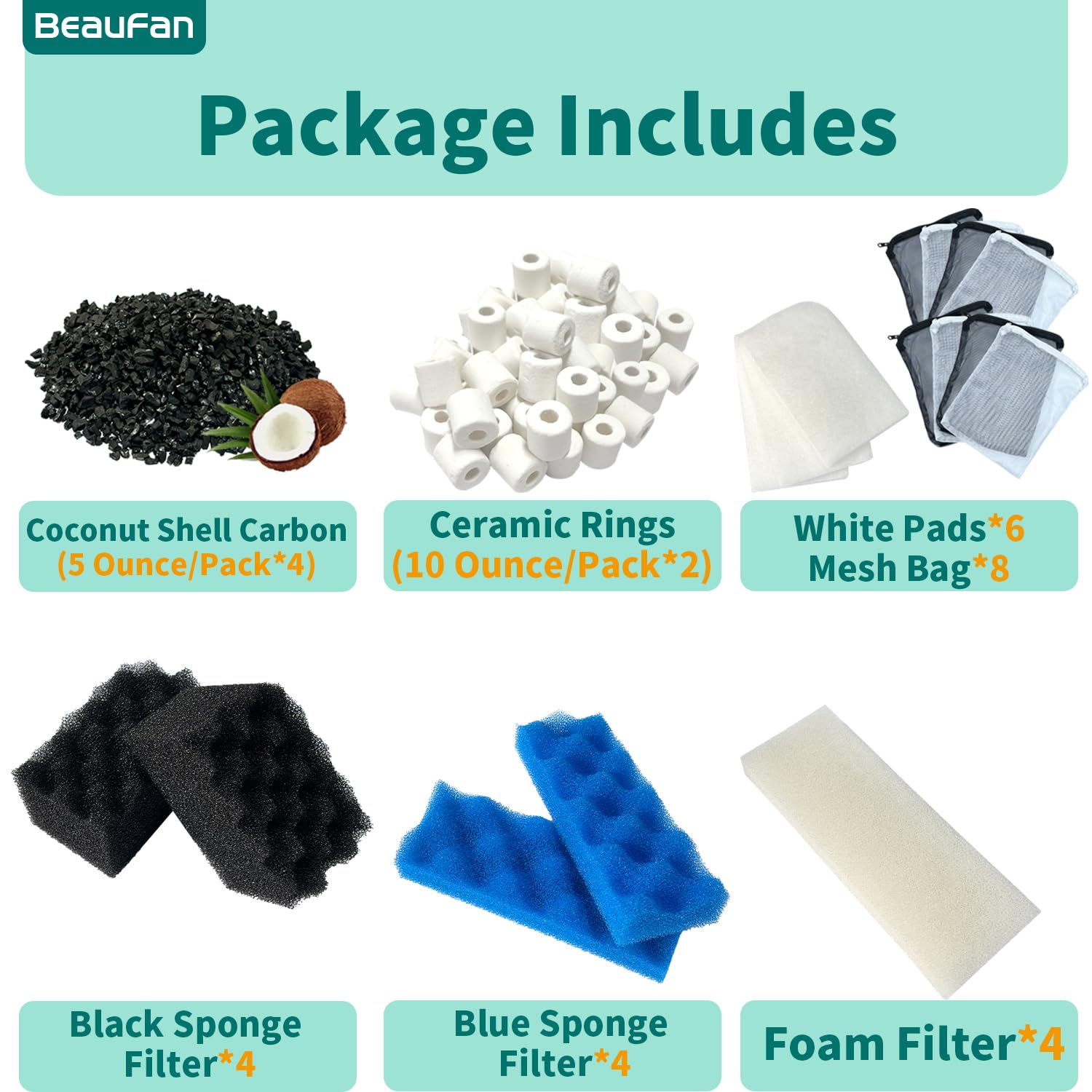 beaufan sachets de charbon et anneaux céramiques offrant filtration chimique et biologique