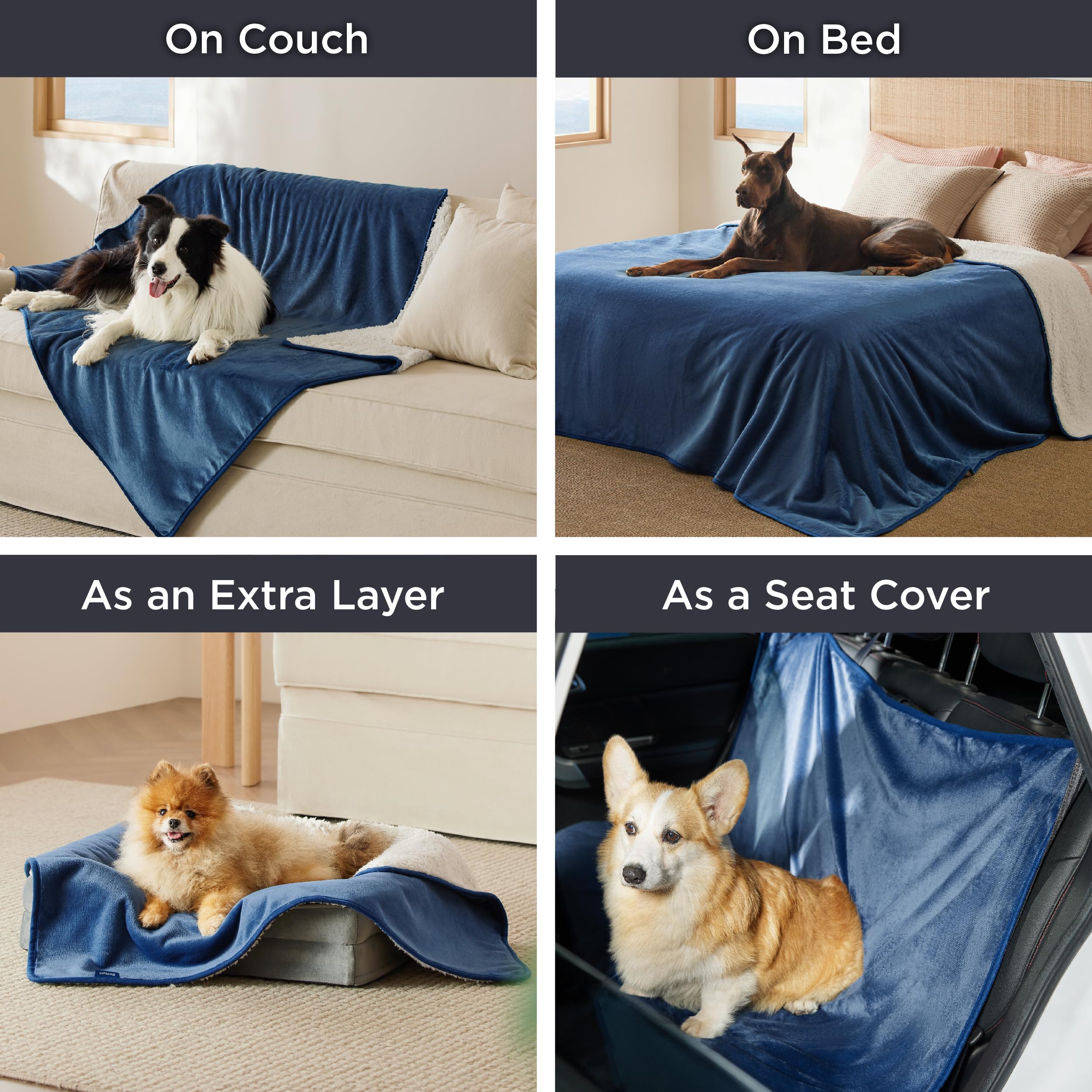 Bedsure couverture posée sur canapé avec petit chien protégeant le tissu