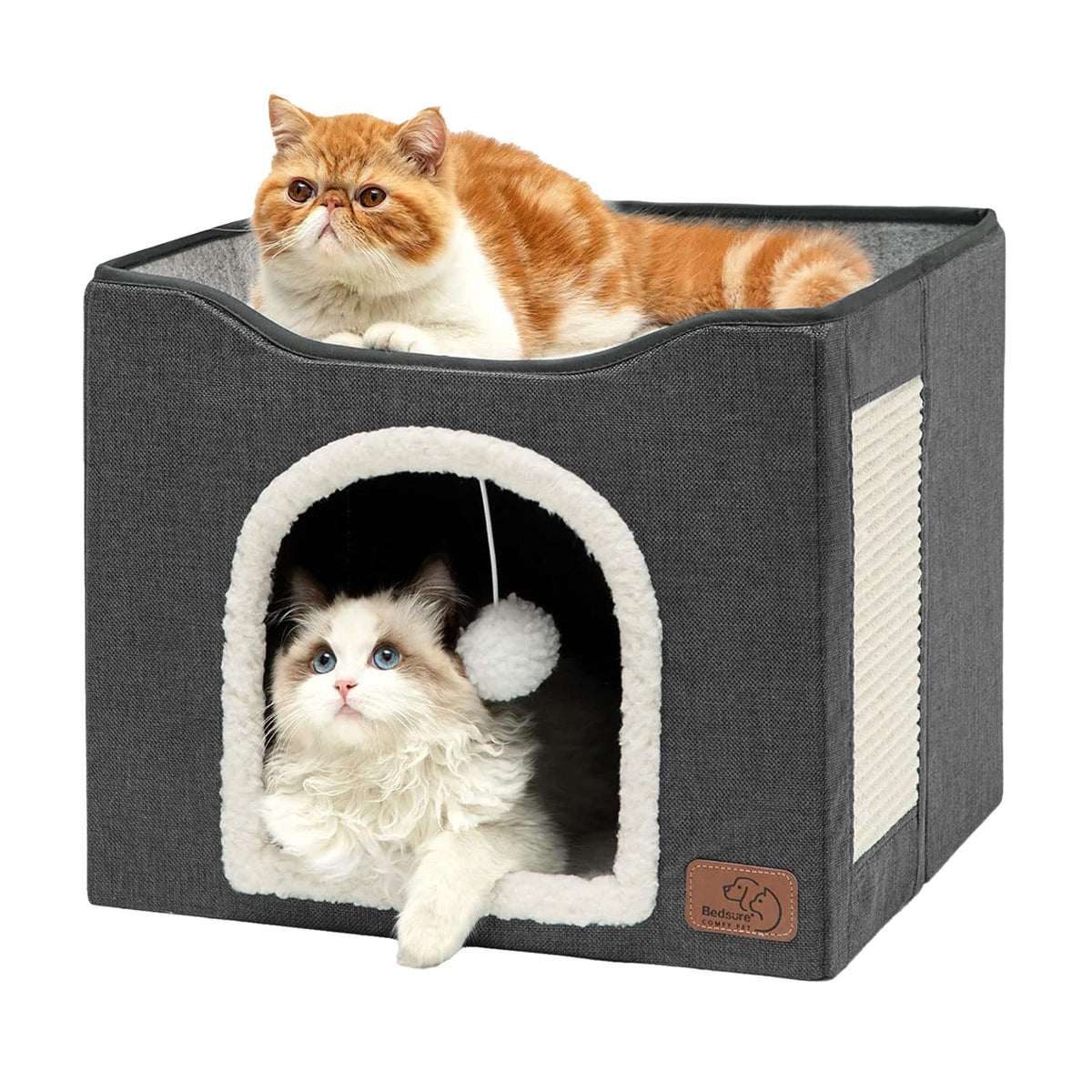 Bedsure vue avant de la maison pour chat montrant refuge et plateau, confort assuré