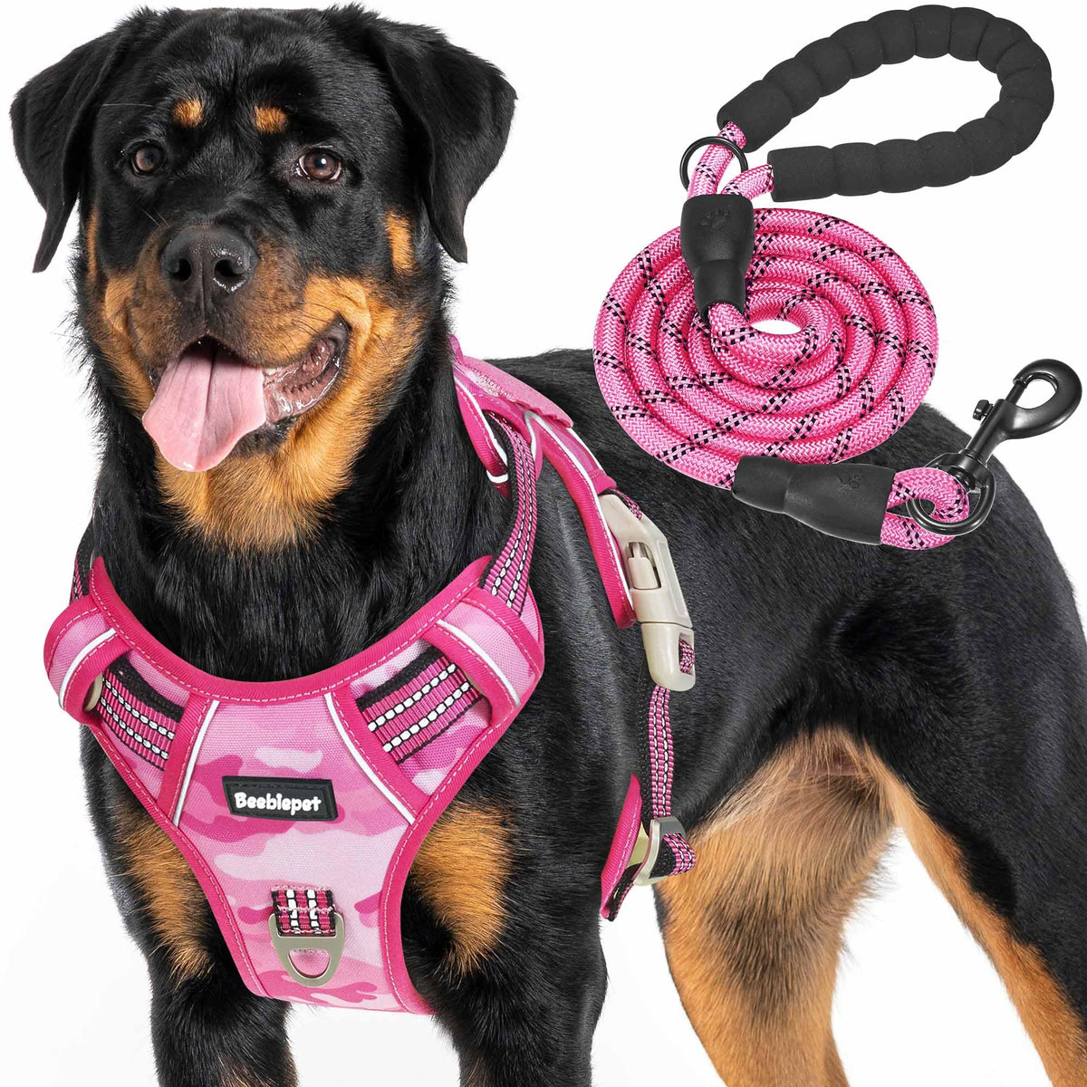 Beebiepet harnais vue avant rose camouflage, maintien sûr et confortable