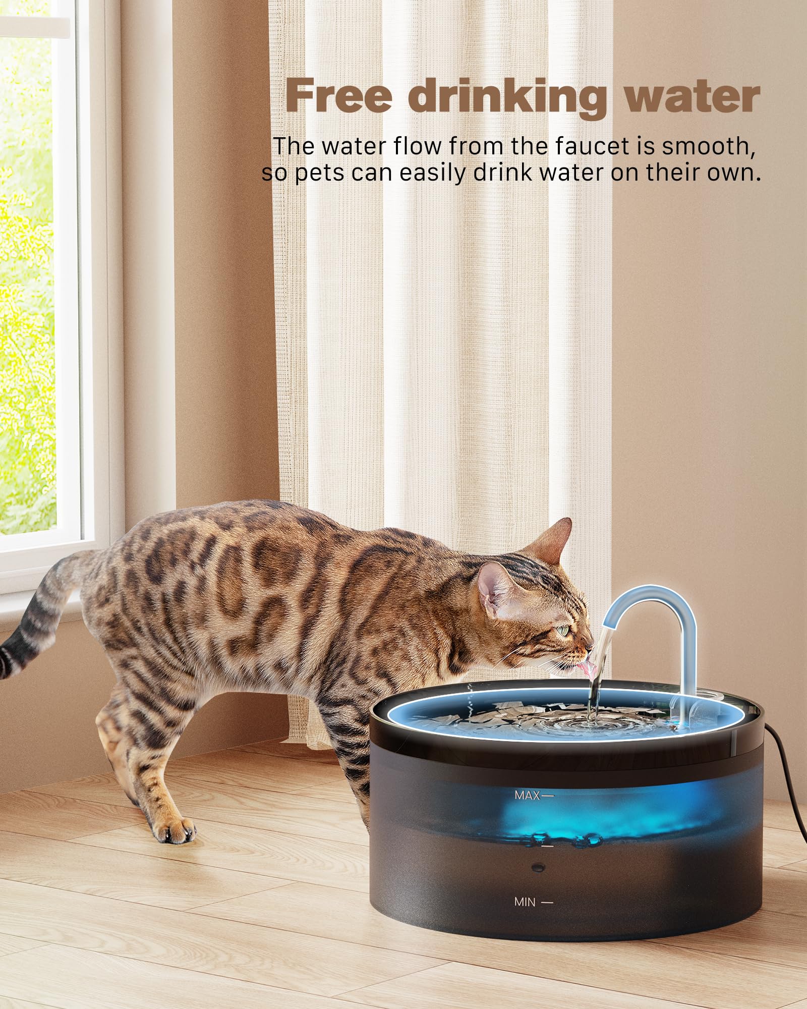 BEMOONY fontaine en situation avec chat buvant, montre usage domestique sûr