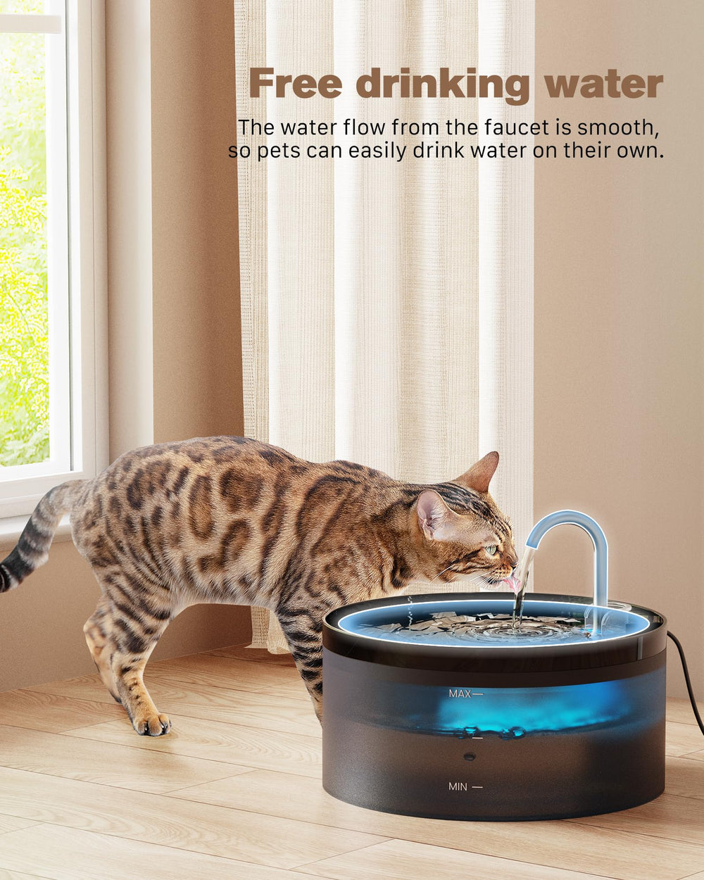 BEMOONY fontaine en situation avec chat buvant, montre usage domestique sûr