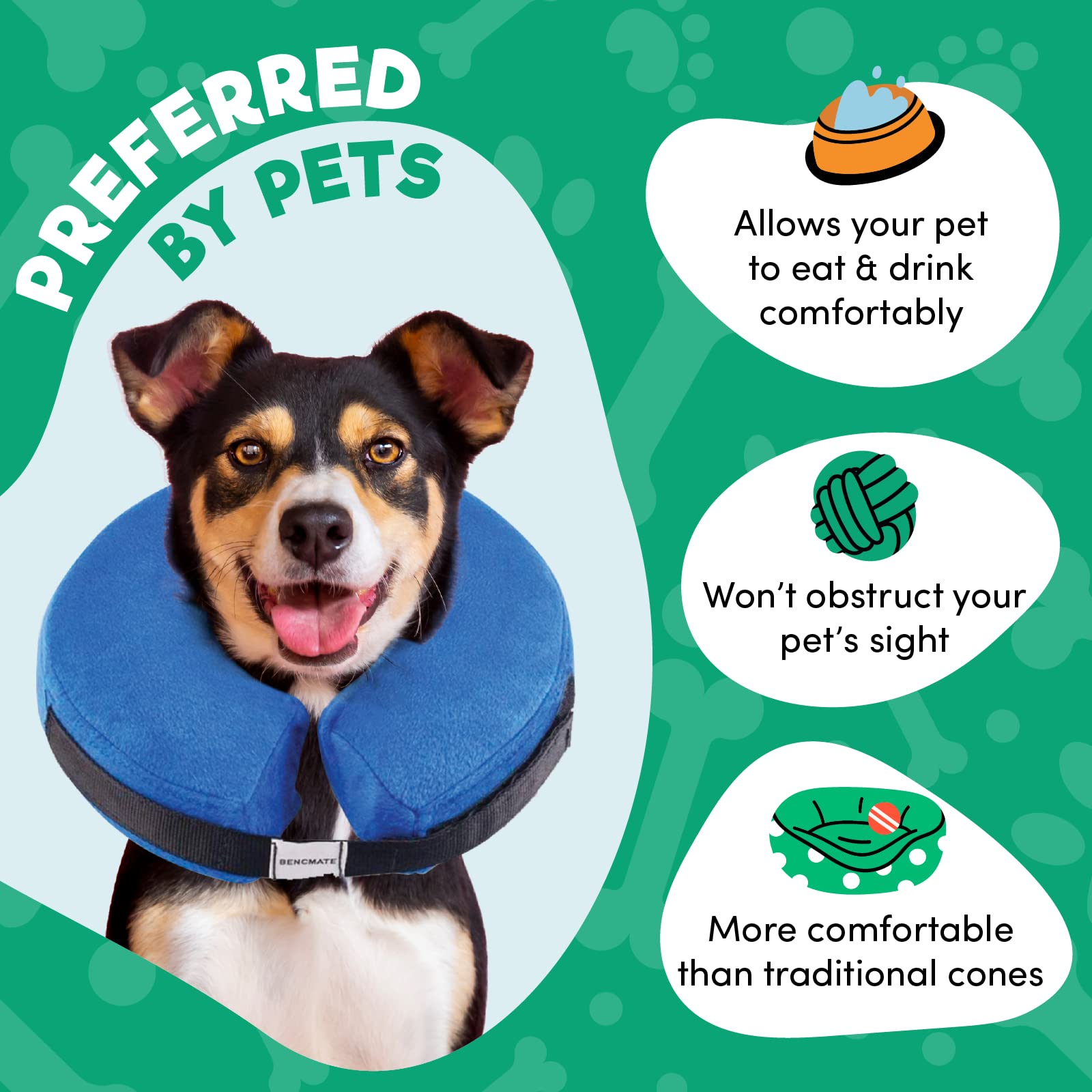 BENCMATE profil montrant chien mangeant et buvant sans obstruction visuelle