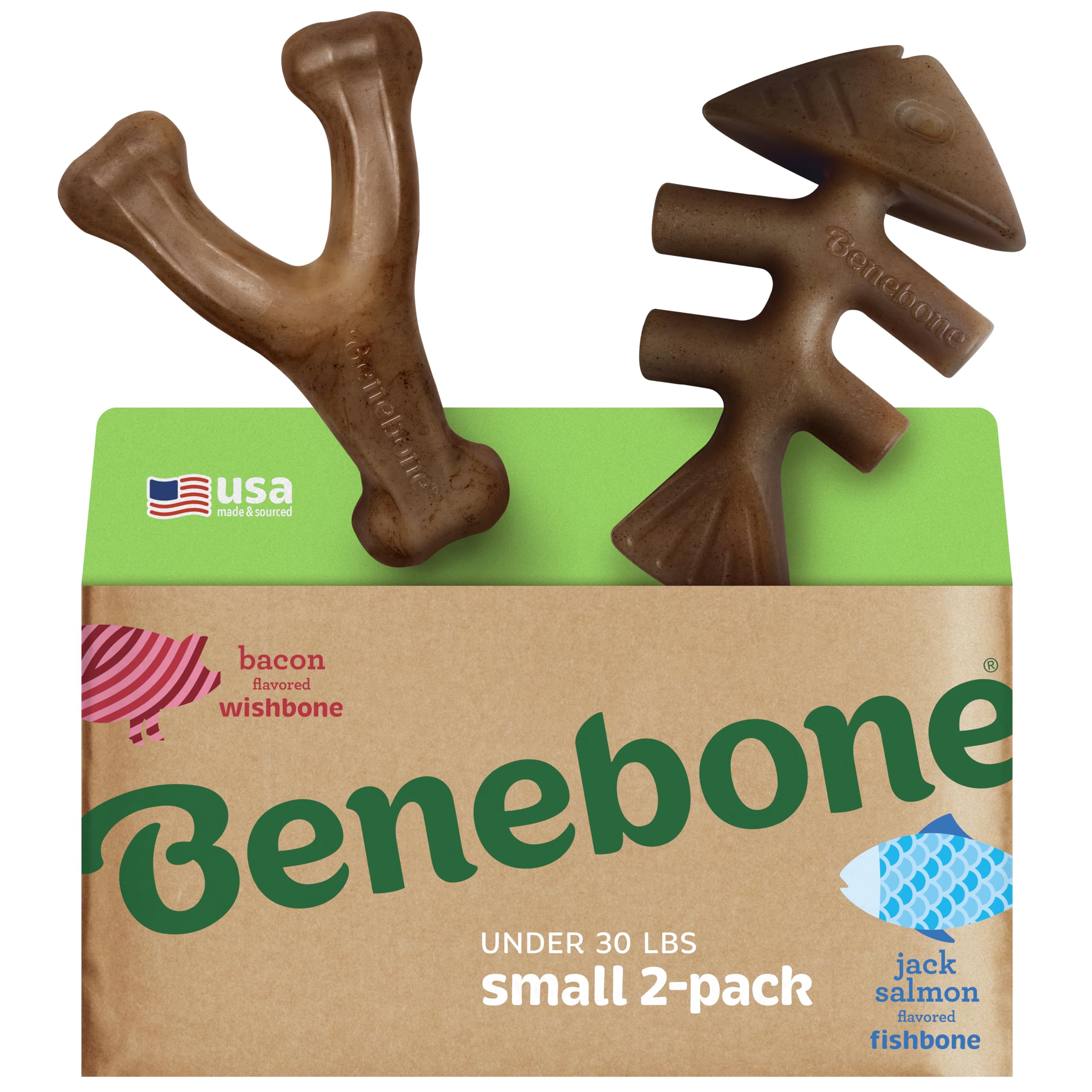 Benebone emballage avant Fishbone et Wishbone montrant le pack double et bénéfice d'occupation