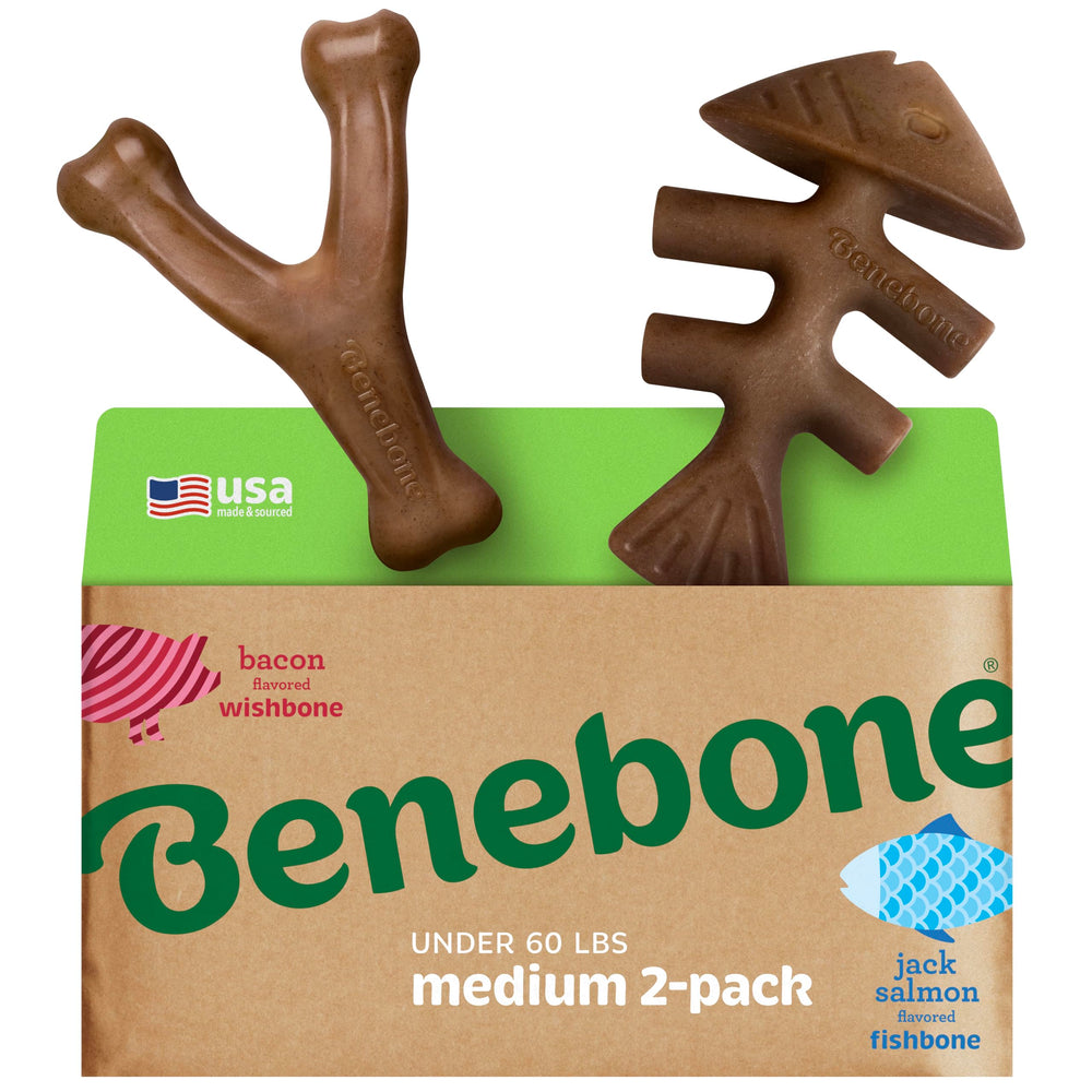 Benebone emballage avant pack montrant les deux jouets et avantages
