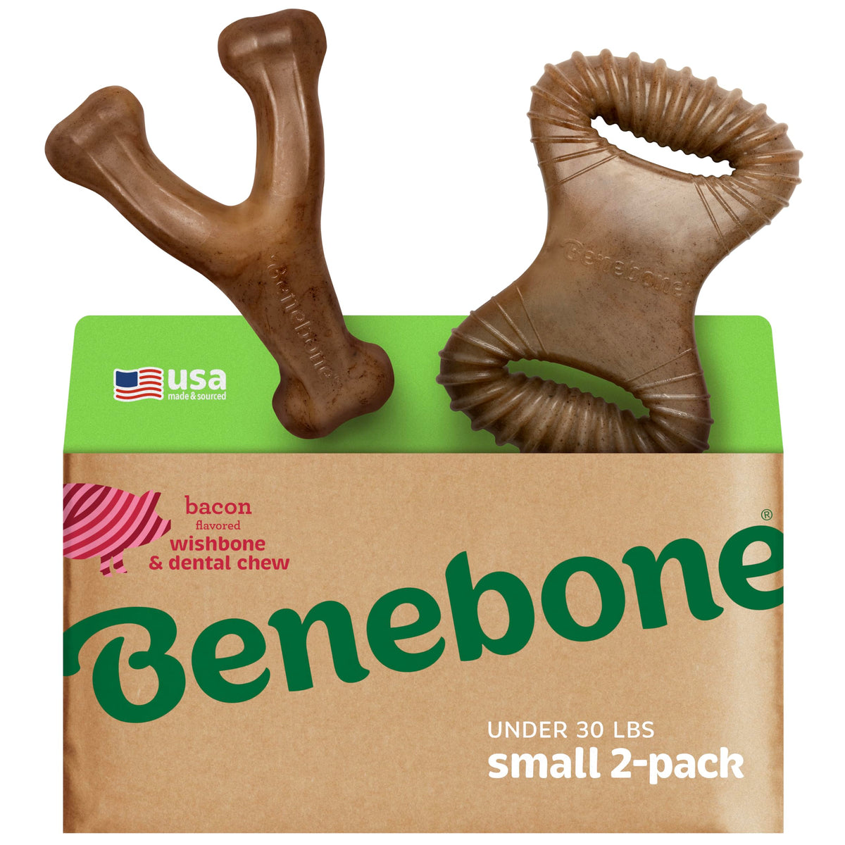 Benebone emballage avant montrant le duo et bénéfice plaisir durable