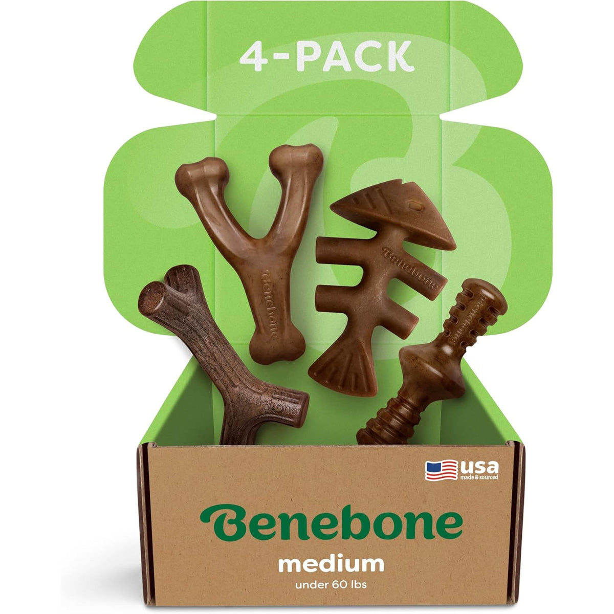 Benebone emballage avant montrant le lot de quatre et la durabilité