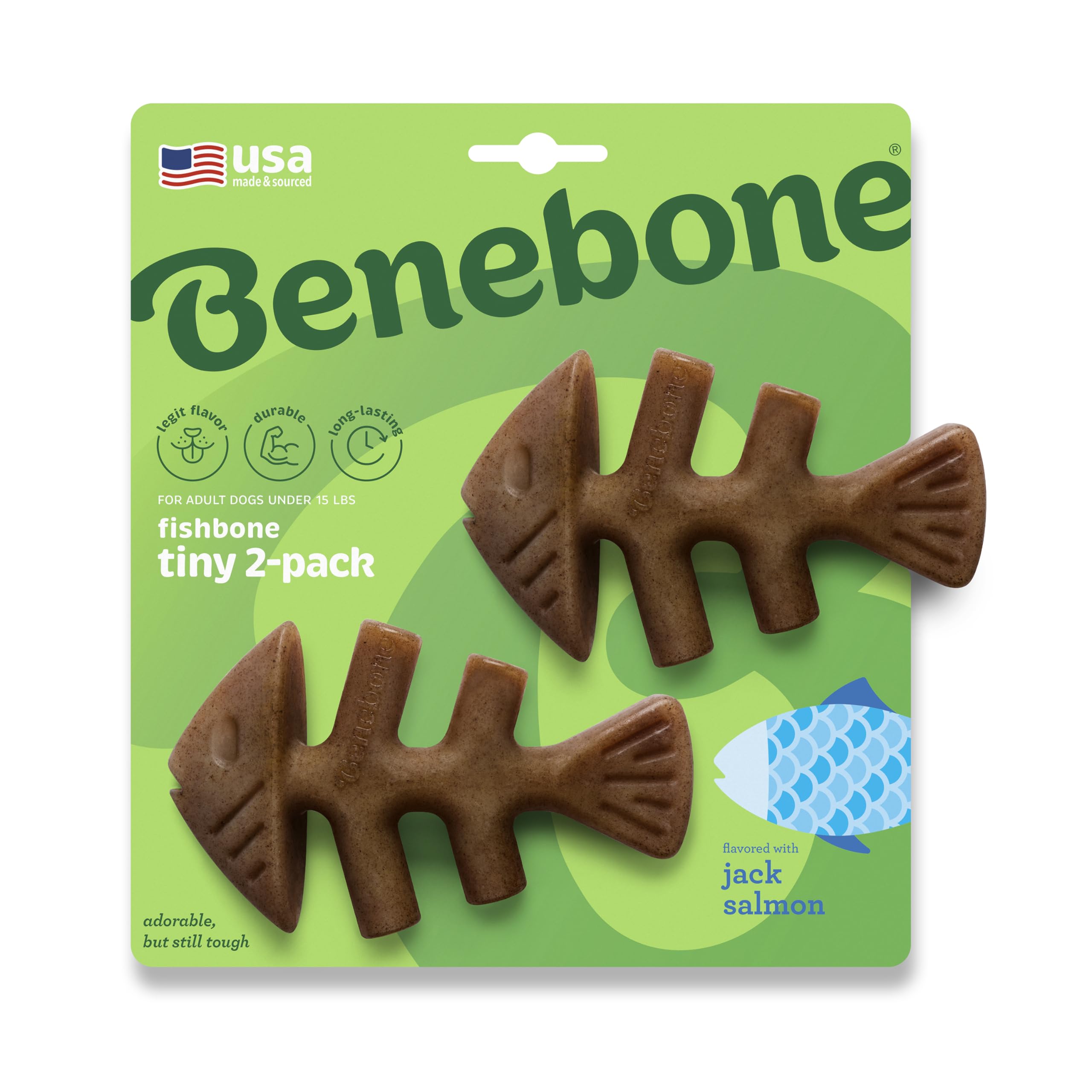 Benebone Fishbone emballage avant montrant le lot 2-pack et la durabilité