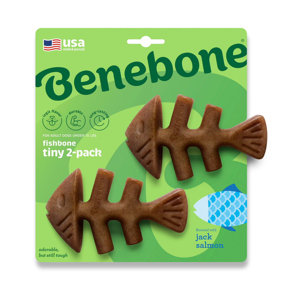 Benebone Fishbone emballage avant montrant le lot 2-pack et la durabilité