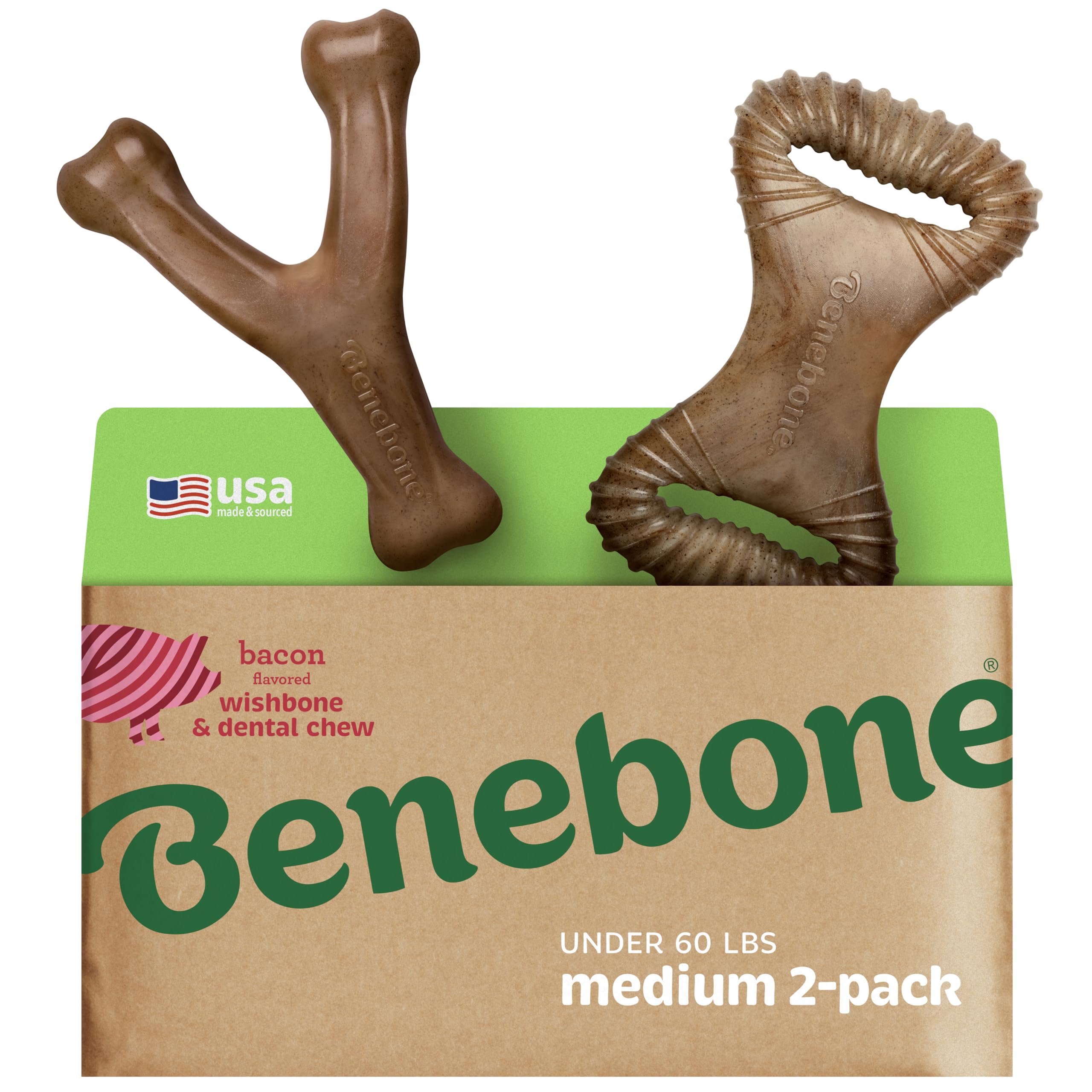 Benebone face avant du pack Wishbone et Dental goût bacon, durable pour mâcheurs