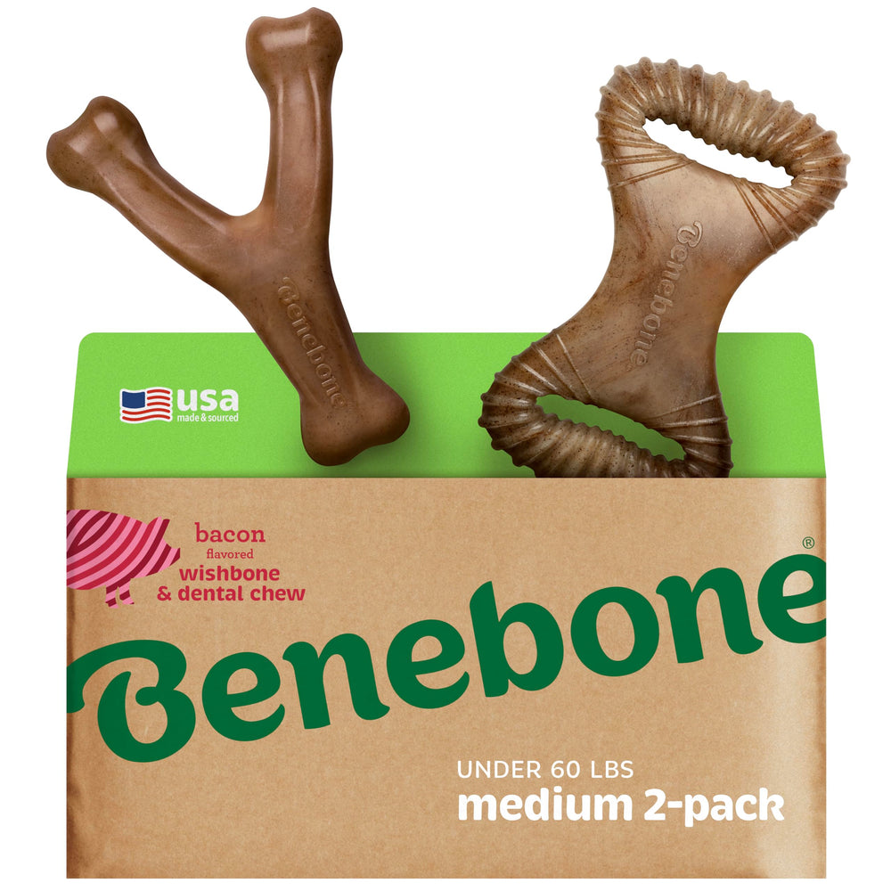 Benebone face avant du pack Wishbone et Dental goût bacon, durable pour mâcheurs