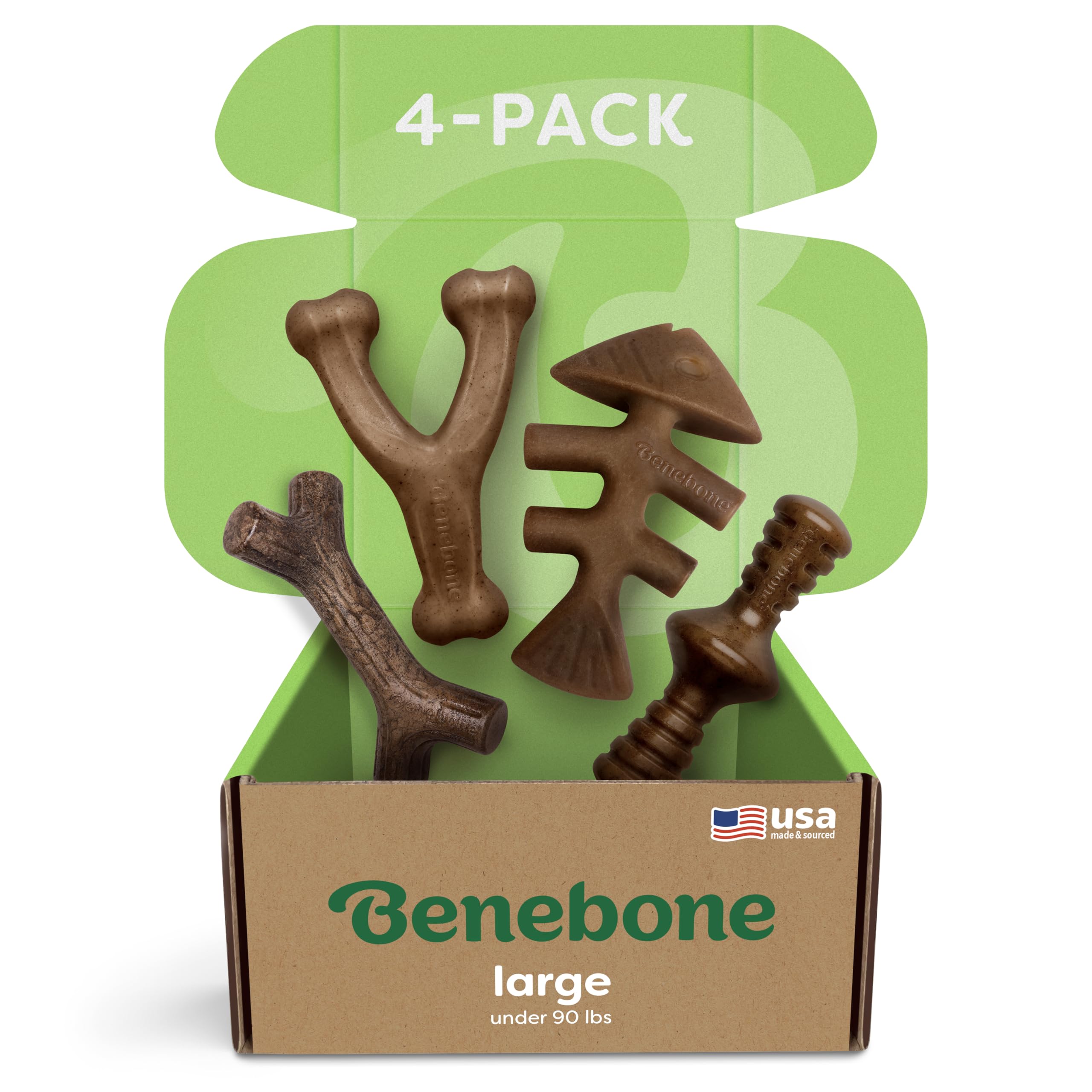 Benebone vue avant montrant le coffret et les quatre os résistants