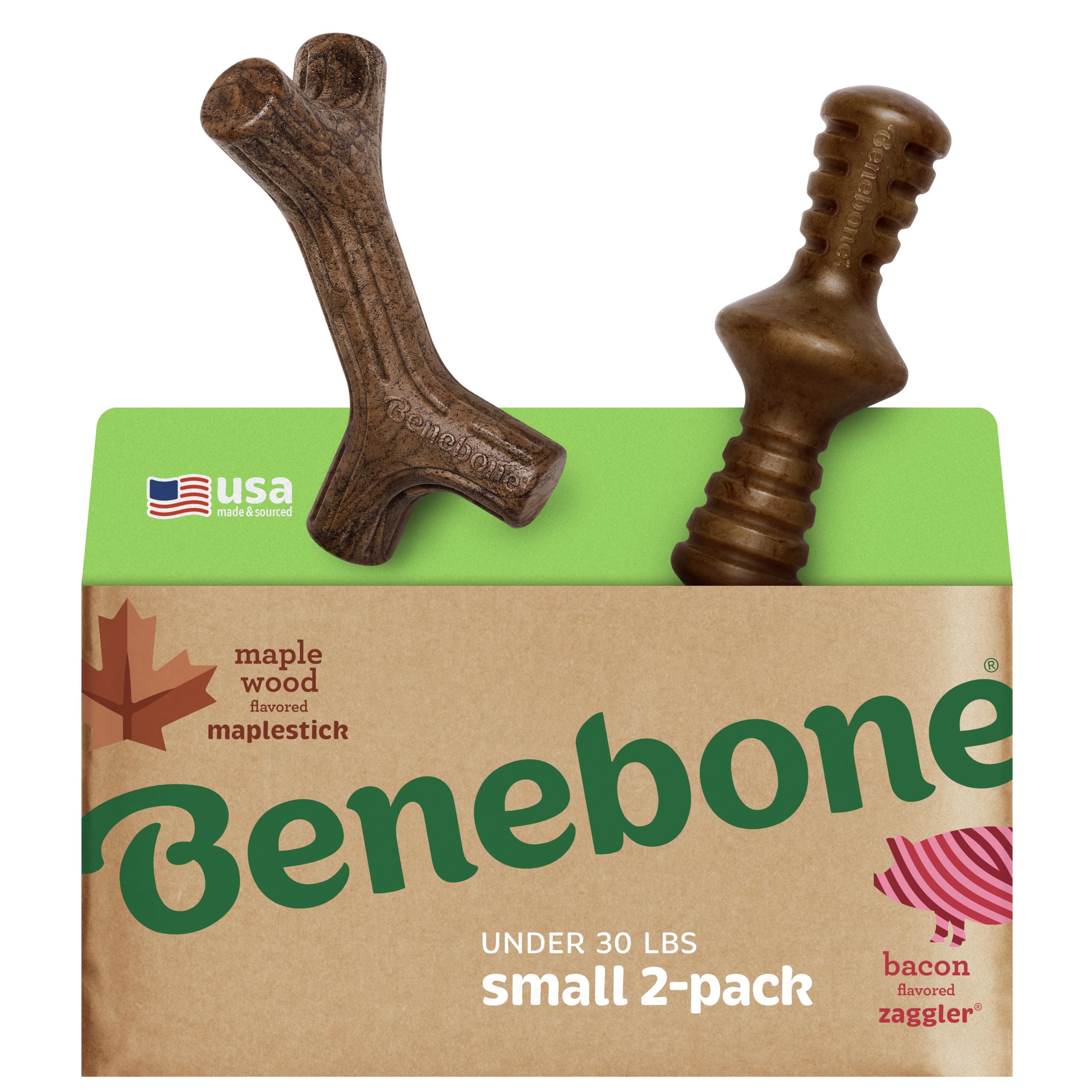 Benebone pack vue avant montrant Maplestick et Zaggler, durable et attrayant