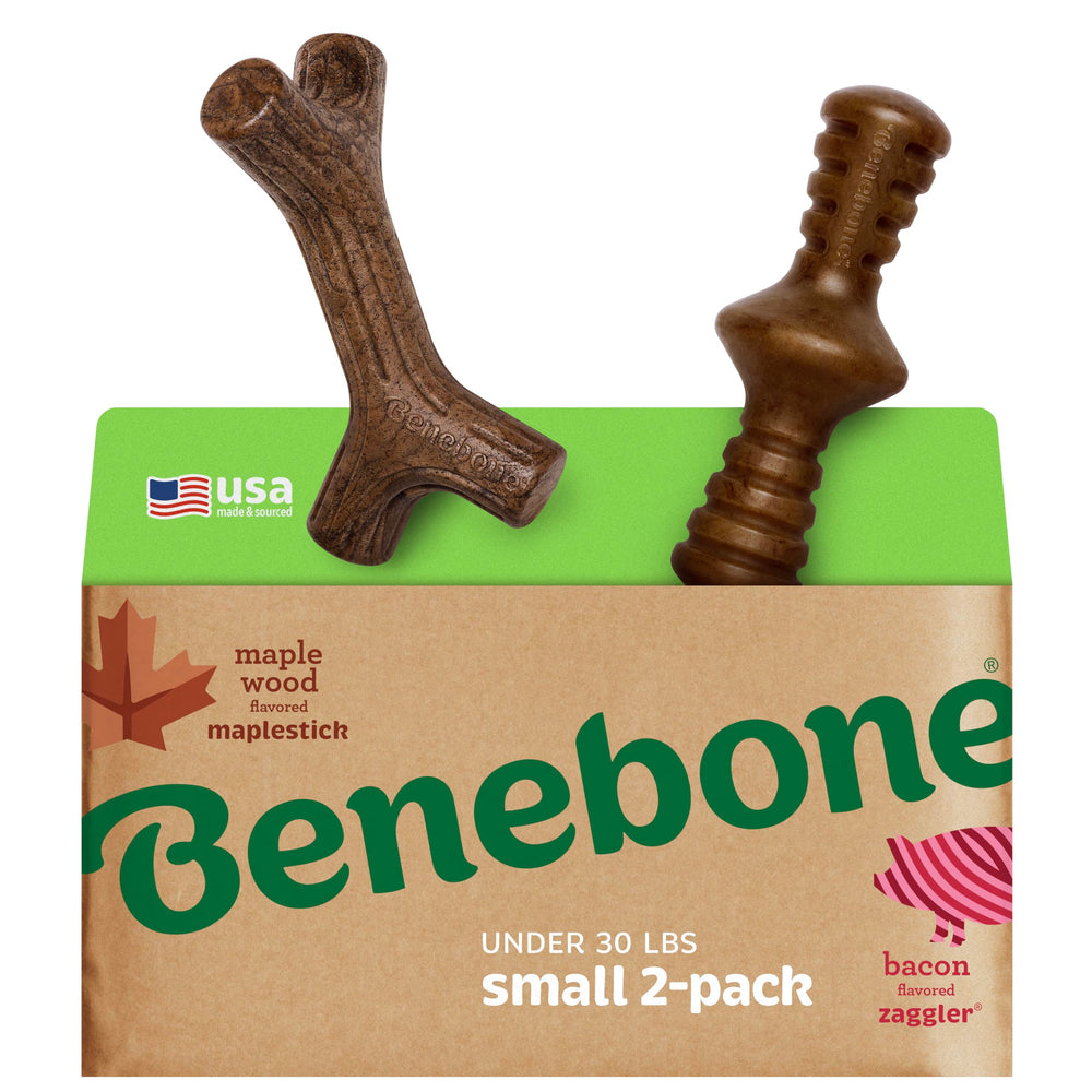 Benebone pack vue avant montrant Maplestick et Zaggler, durable et attrayant