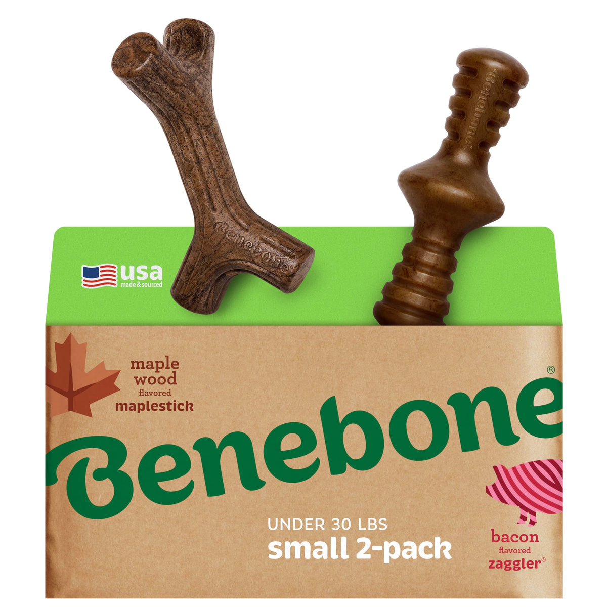 Benebone pack vue avant montrant Maplestick et Zaggler, durable et attrayant