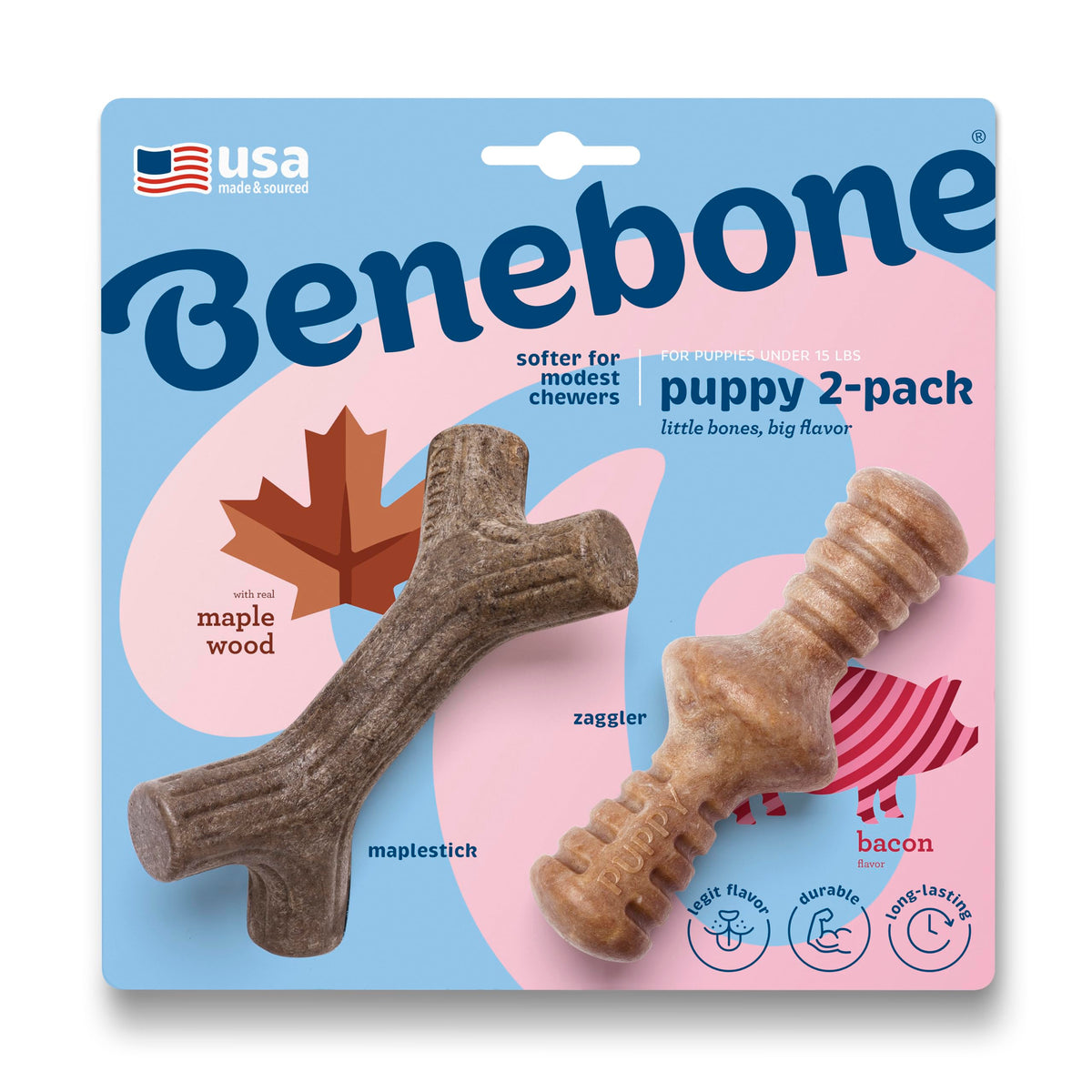 Benebone emballage Maplestick et Zaggler montrant le pack et la composition bénéfique