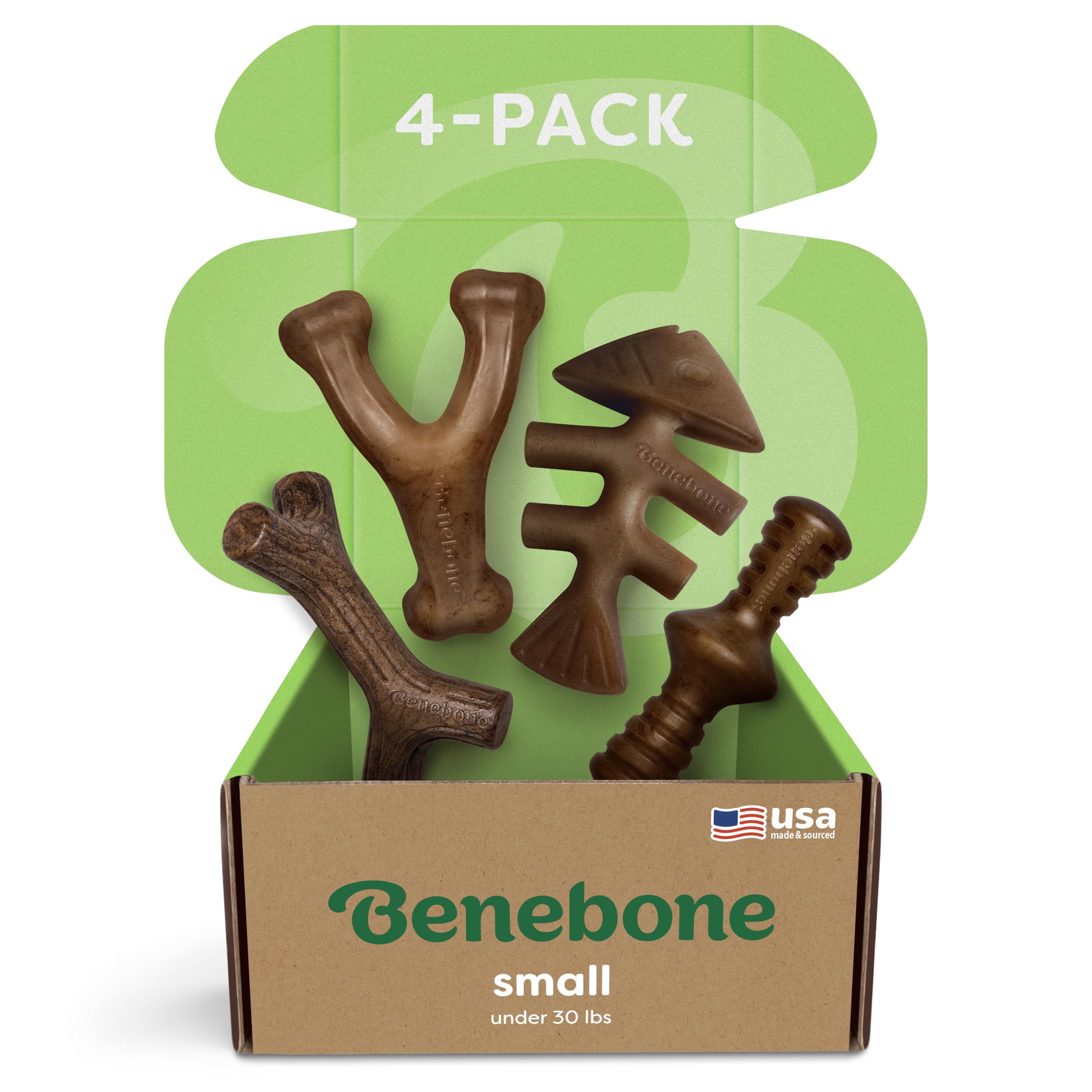 Benebone emballage avant montrant quatre jouets et bénéfice durable