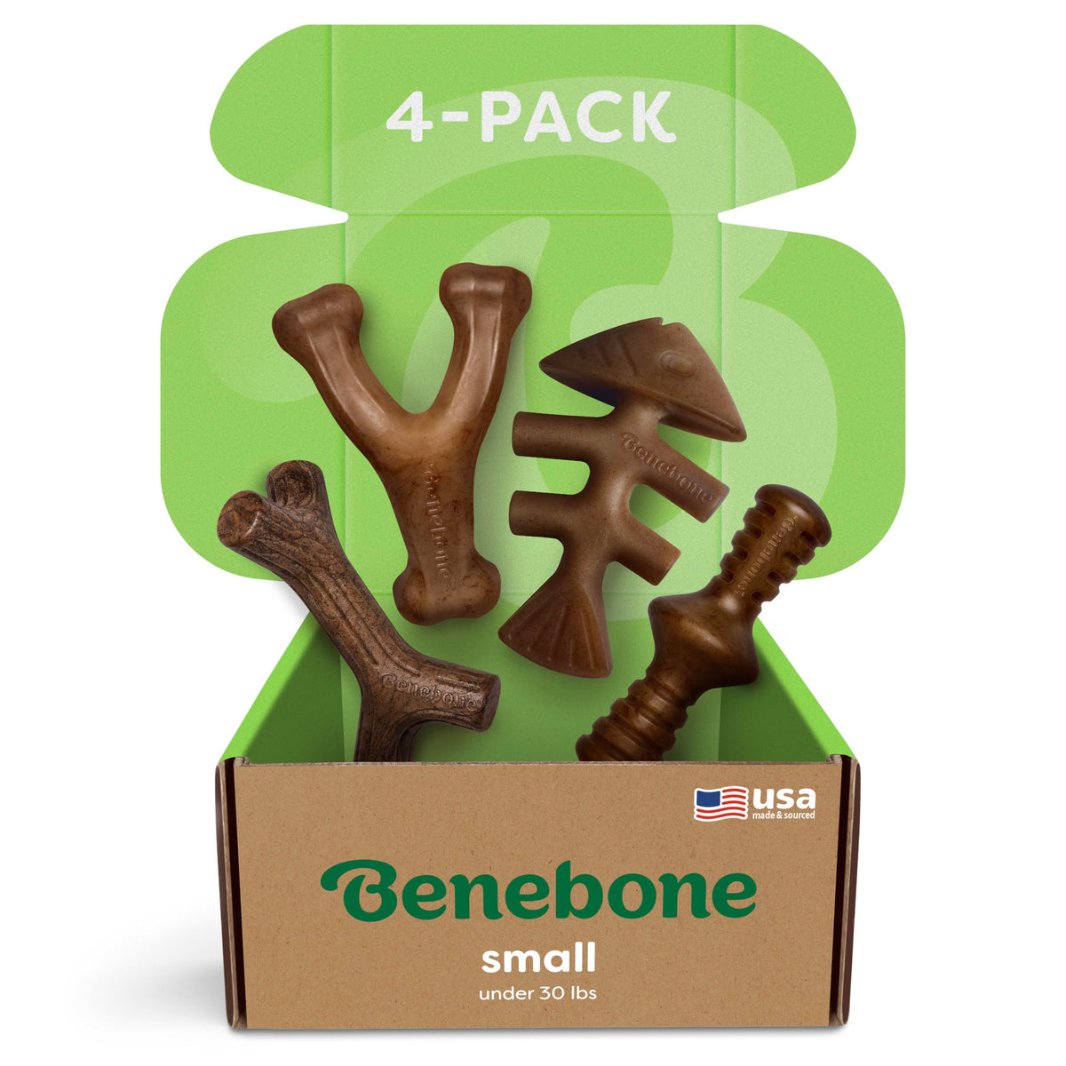 Benebone emballage avant montrant quatre jouets et bénéfice durable