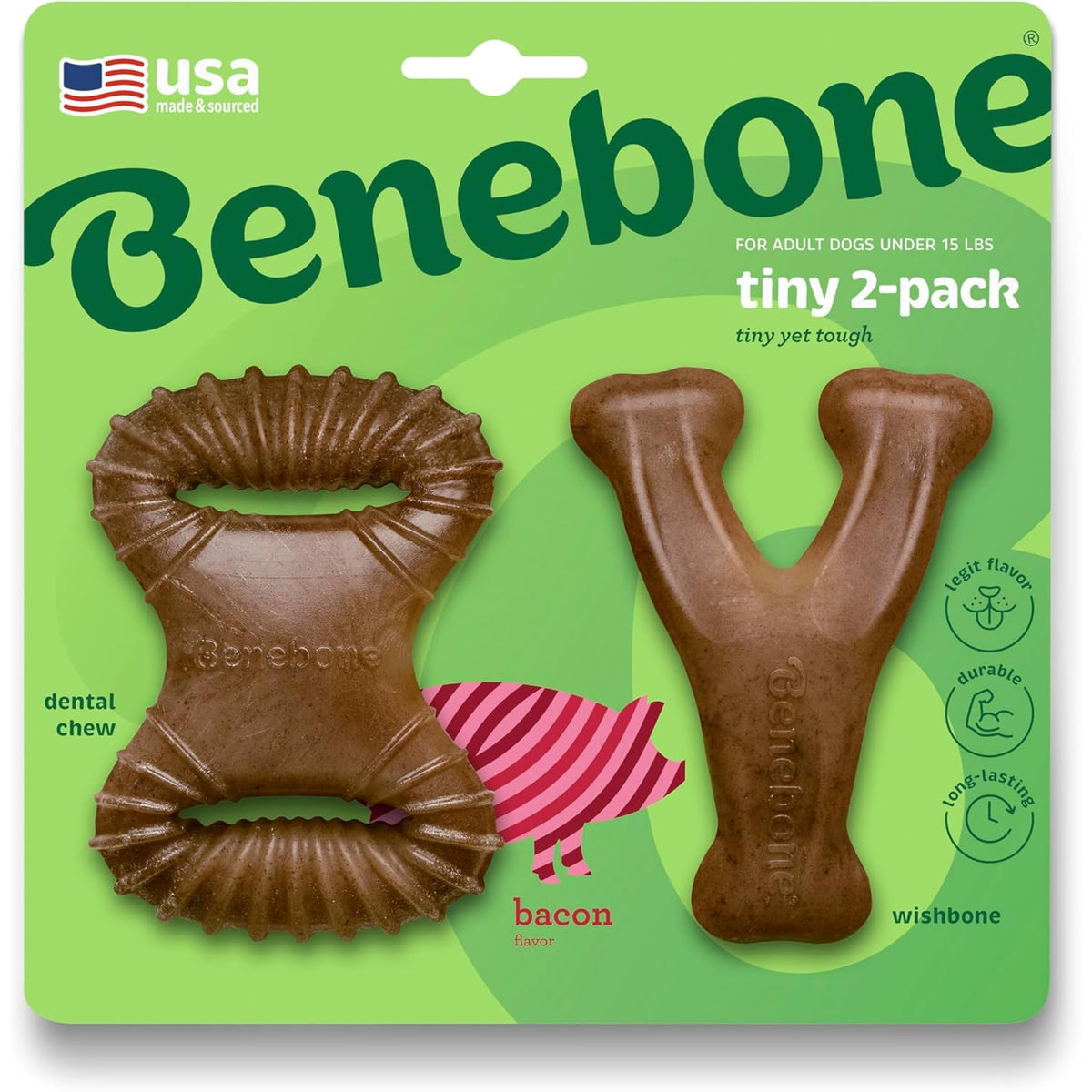 Benebone Tiny emballage avant montrant le lot de 2 et la saveur bacon bénéfice distraction
