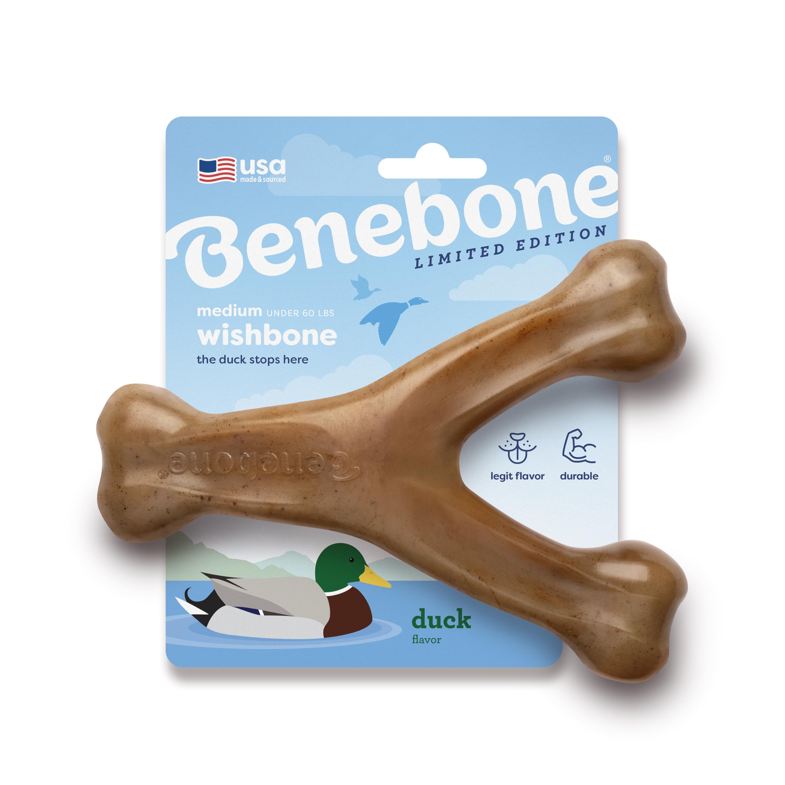 Benebone Wishbone Duck vue avant montrant la forme ergonomique pour prise facile