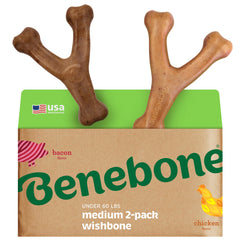 Benebone packaging avant montrant le lot bacon et poulet, attrait visuel immédiat