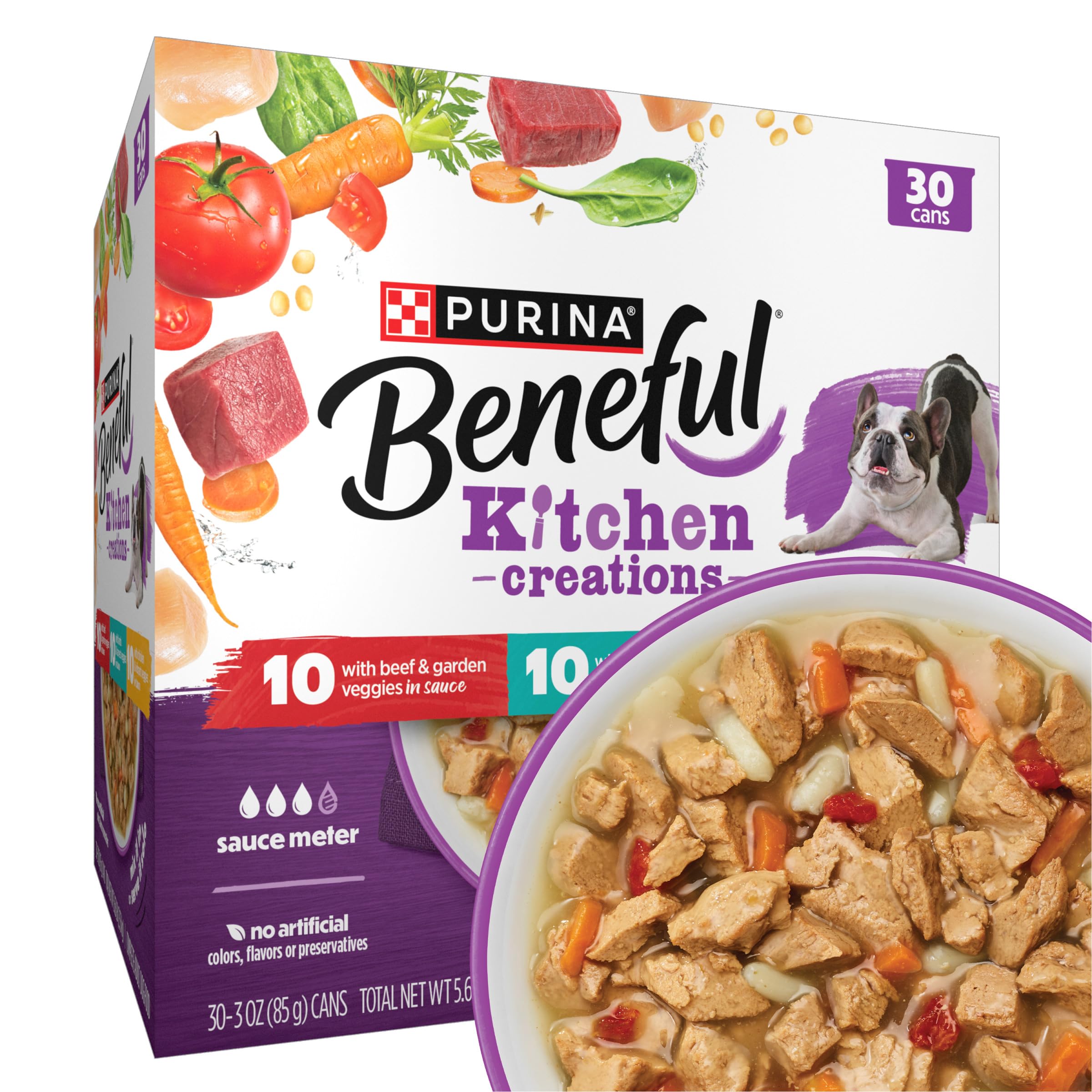 Purina Beneful pack 30 boîtes vue de face montrant la variété et praticité