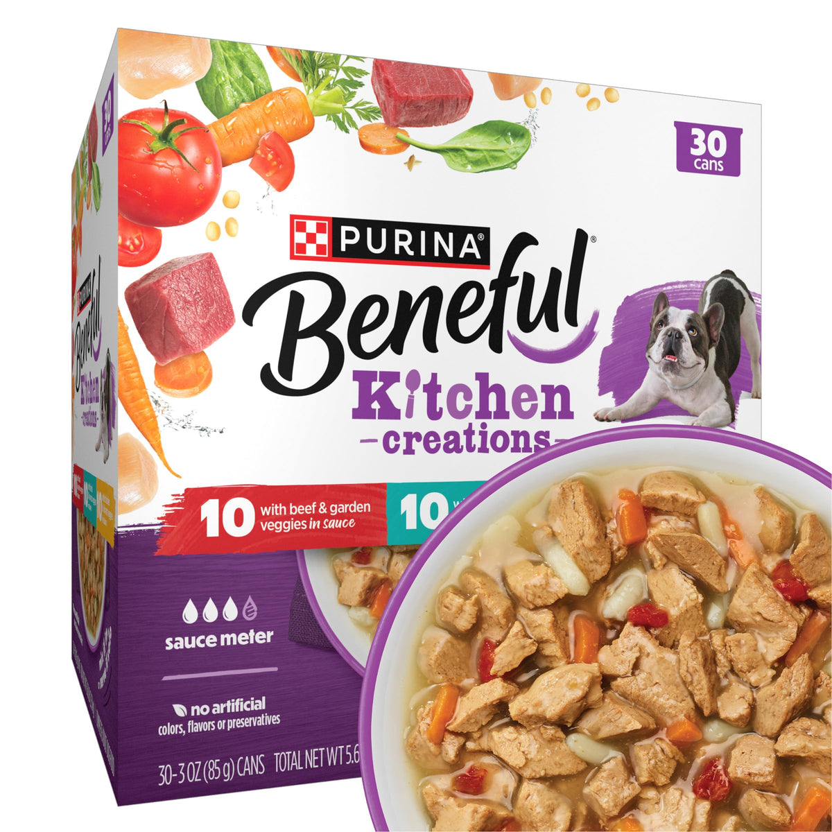 Purina Beneful pack 30 boîtes vue de face montrant la variété et praticité