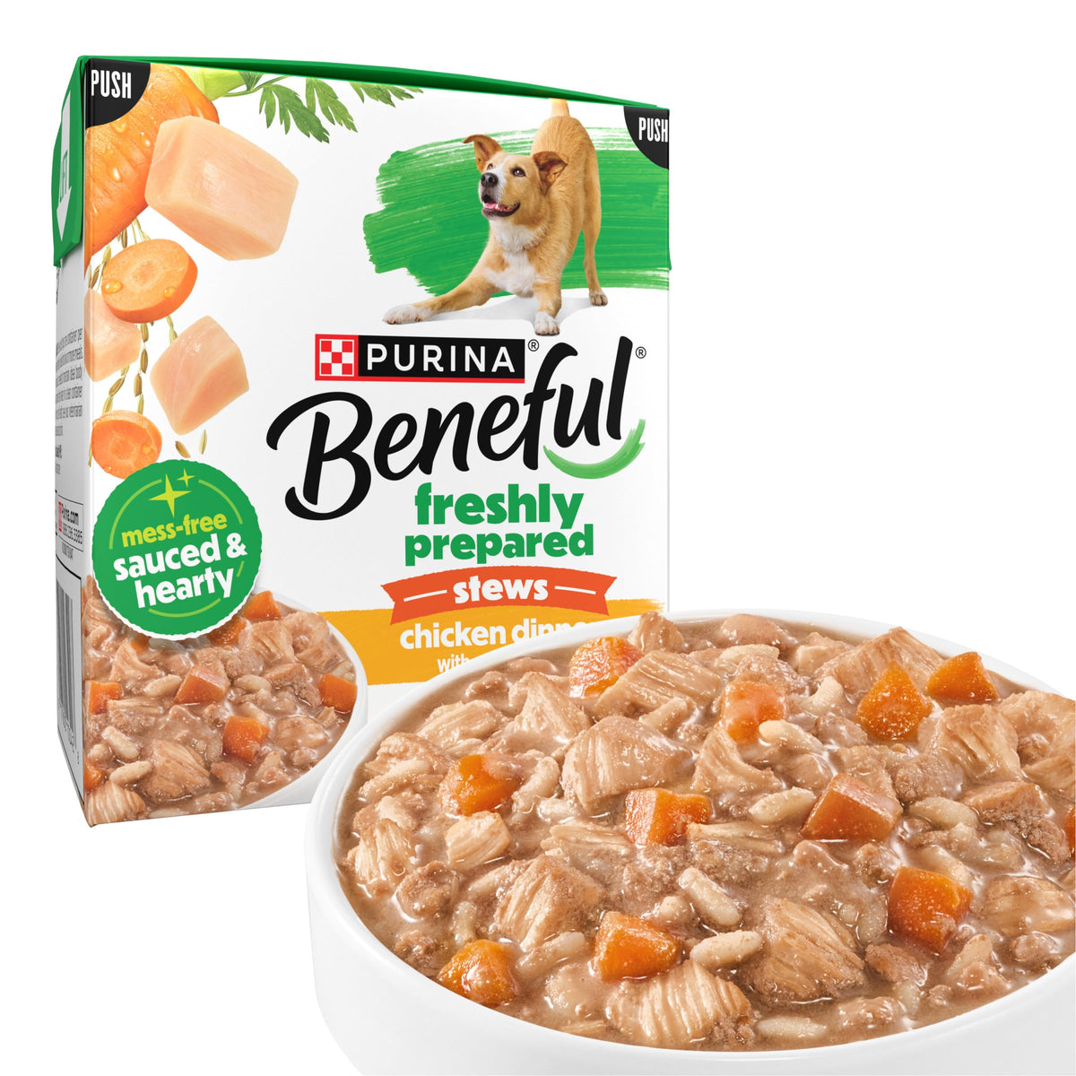 Beneful Purina packaging face montrant ingrédients visibles et praticité