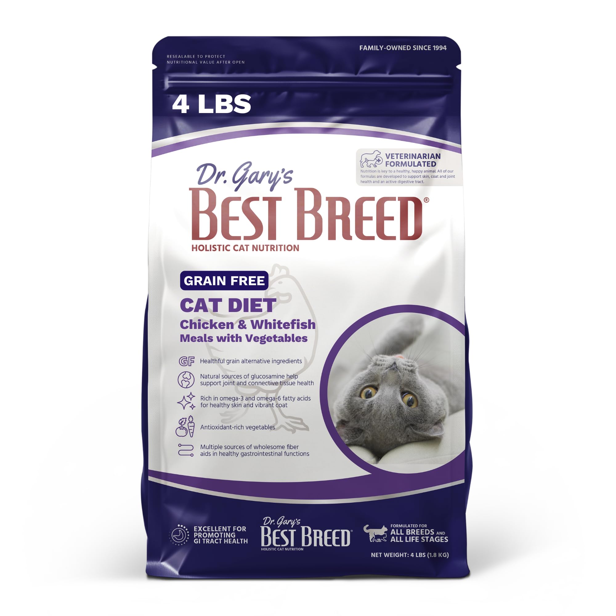 Best Breed emballage devant montrant formule sans céréales bénéfice digestion