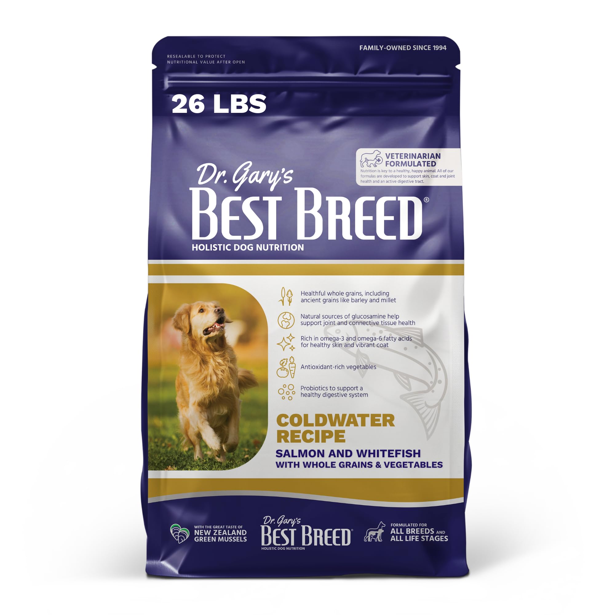 Best Breed sac avant montrant la recette saumon et whitefish, bénéfice digestif