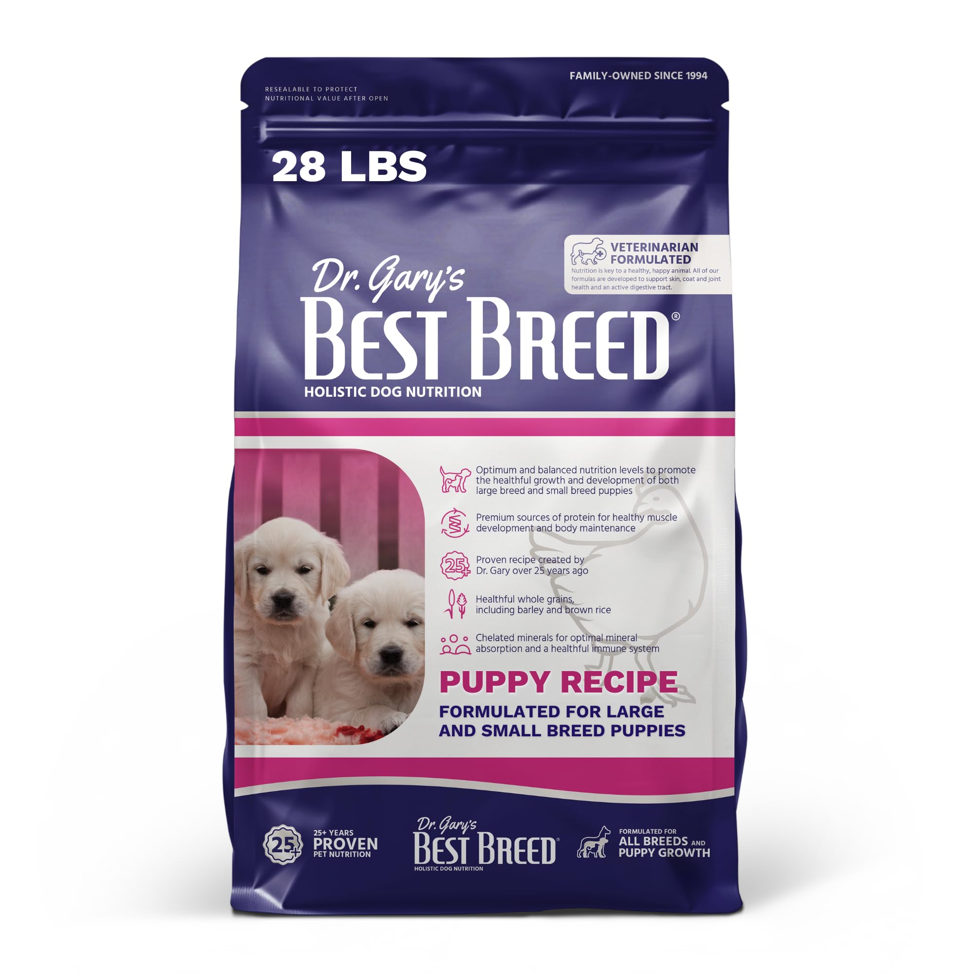 Best Breed face avant du sac 28 lb montrant la recette chiot et bénéfices