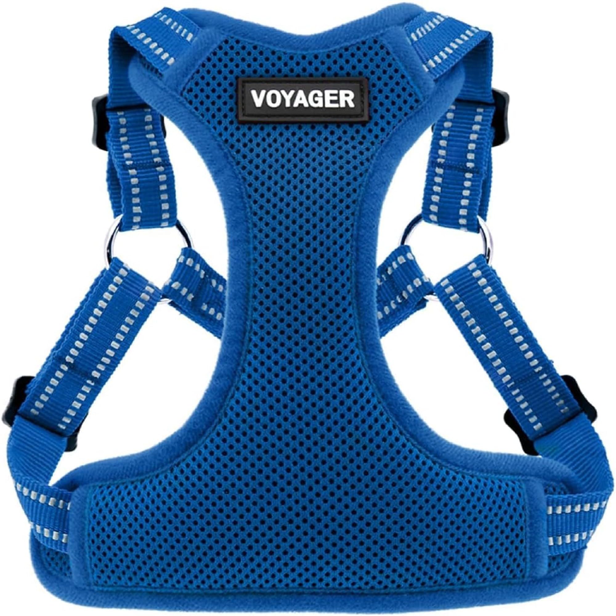 Best Pet Supplies harnais Voyager vue avant packaging montrant design et couleur bleue, confortable