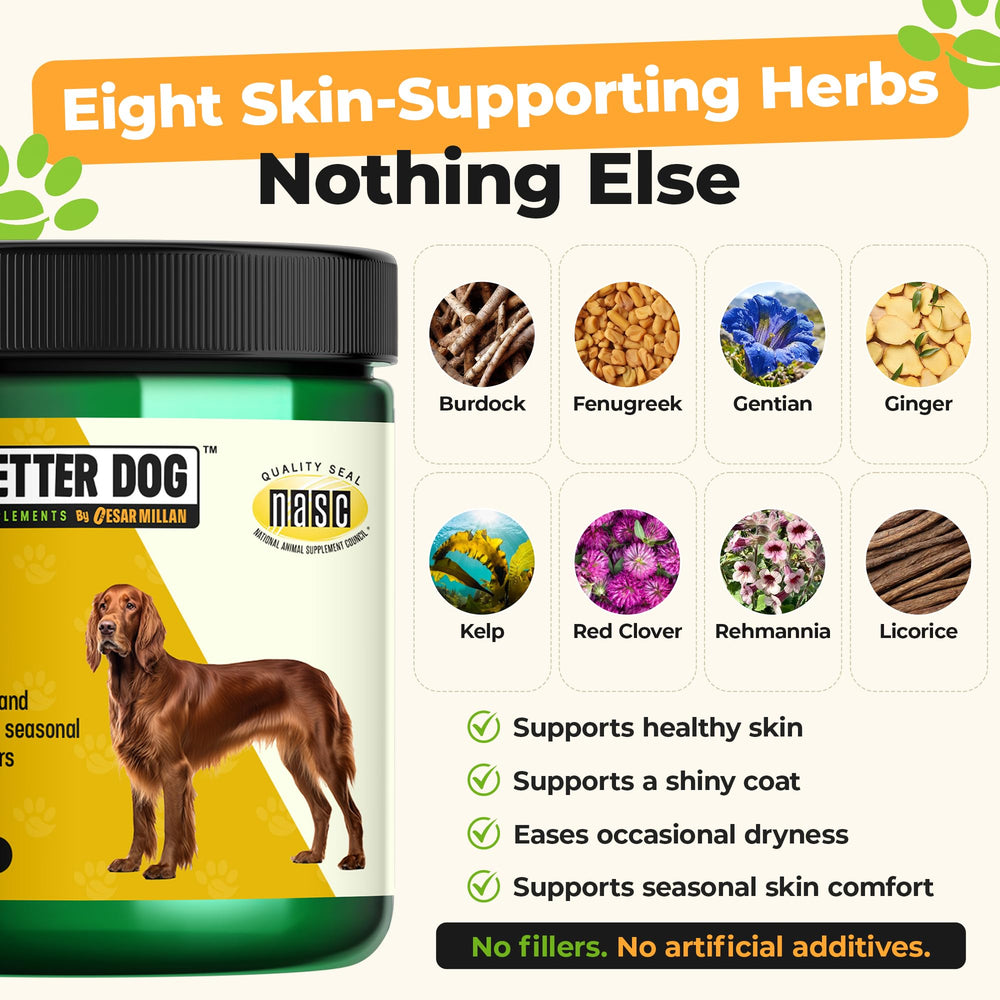 Étiquette du produit Better Dog Skin Magic affichant la liste botanique pour transparence