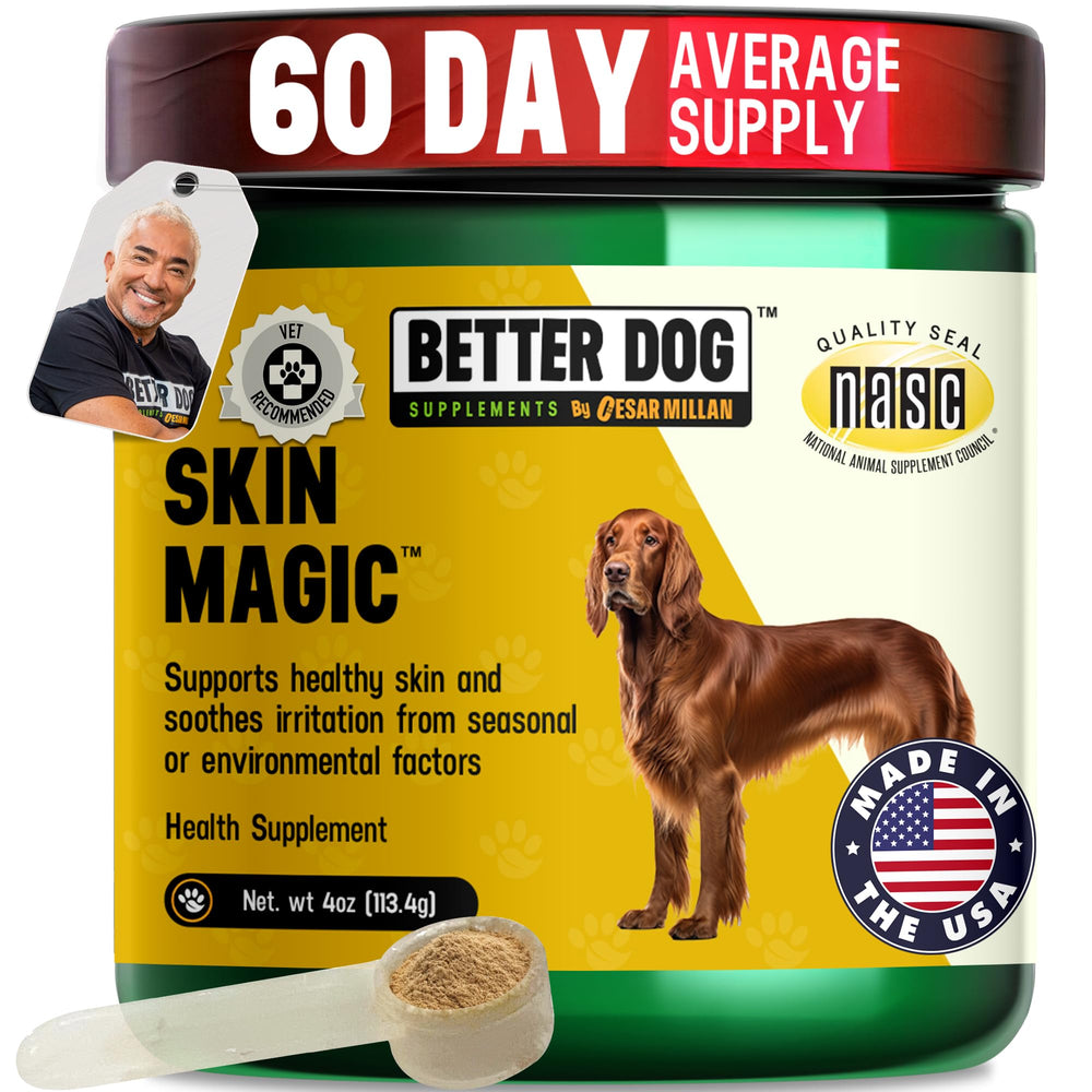 Better Dog Supplements flacon Skin Magic en vue frontale montrant l'étiquette claire et confiance