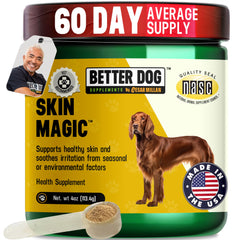 Better Dog Supplements flacon Skin Magic en vue frontale montrant l'étiquette claire et confiance