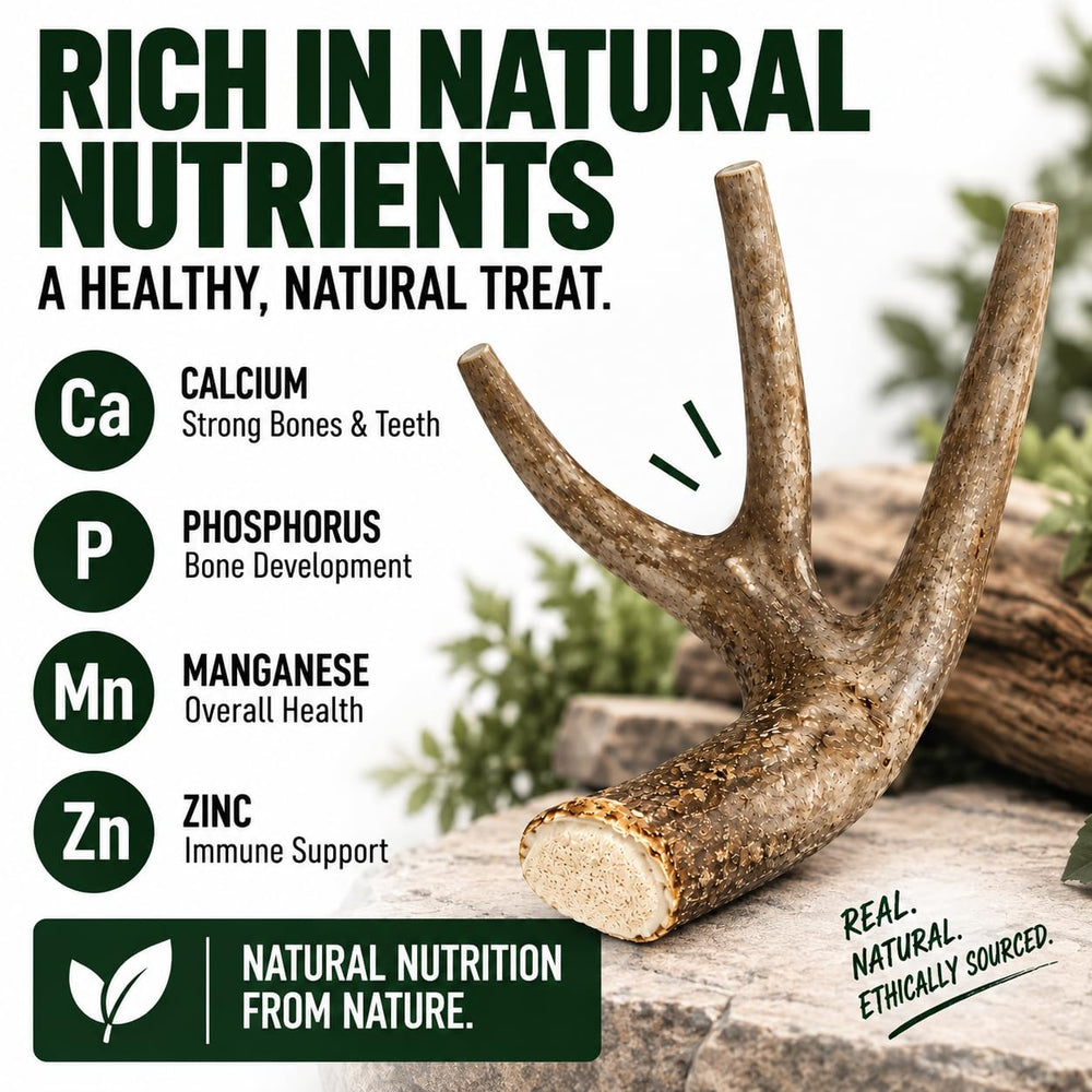 Big Dog Antler Chews chien qui mastique montrant intérêt et longue durée