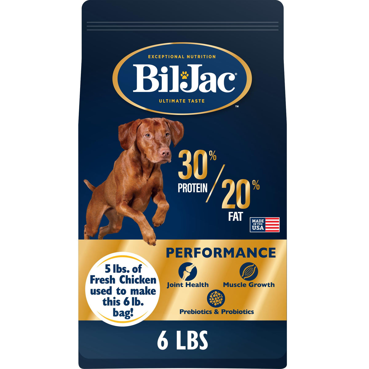 Bil-Jac emballage avant poulet 6 lb montrant qualité et énergie